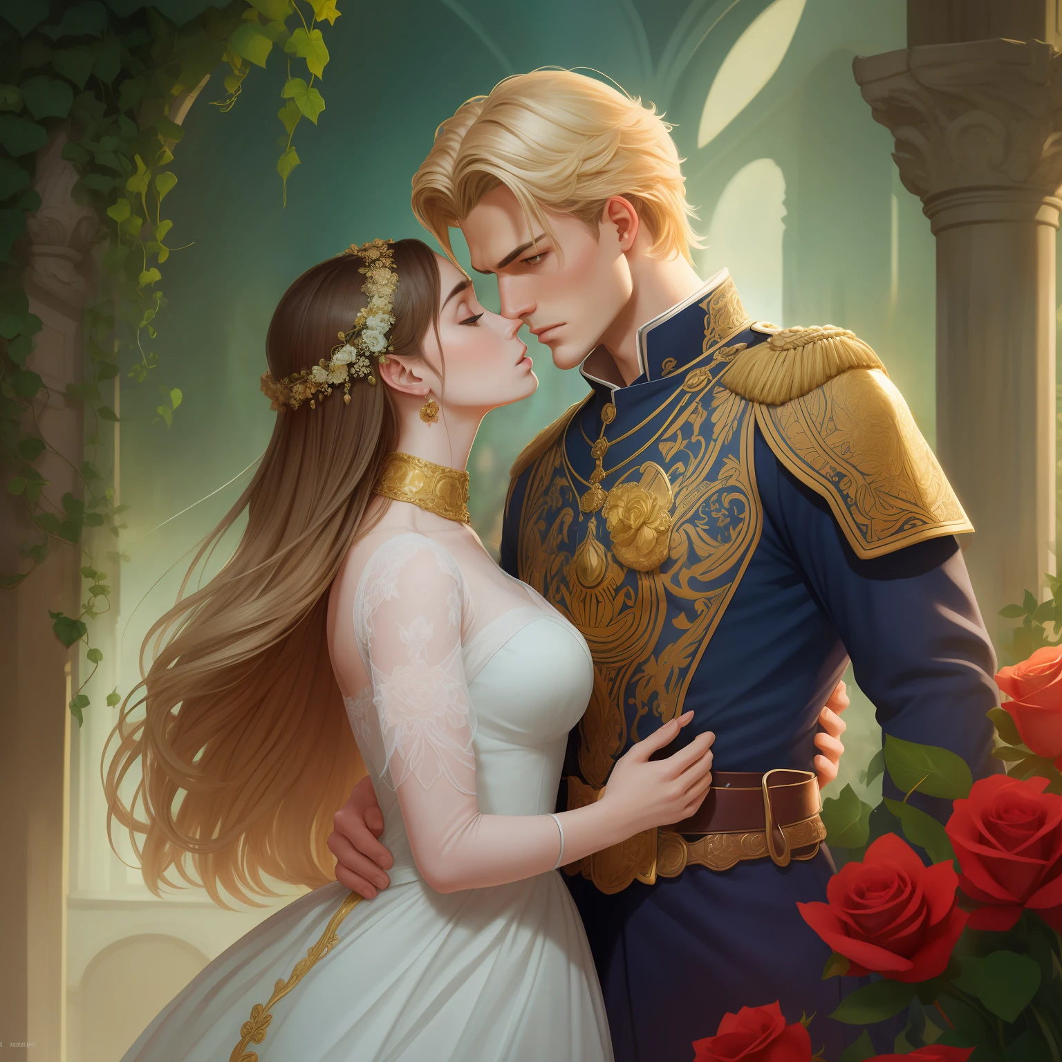 Couple kisses a home and a woman with great affection, the man Neels Visser is a prince who has golden blond hair, wears a medieval military outfit and is in love with the commoner the woman Lily Collins, who has black curly dark hair and wears a dress red, illustration of a romance book cover with a detailed, smooth, bright background filled with ivy-covered flowers and red roses, castle, ornate dress standing on a bed of roses, rim light, dynamic lighting, ethereal lighting, ultra detail, concept art, elegant, surreal, art by Lisa Aisato, Greg Hildebrandt, Citemer Liu, Stjepan Sejic, Samyang, Aykut Aydogdu, Justin Gerard, Alphonse Mucha, Artgerm, WLOP and Greg Rutkowski