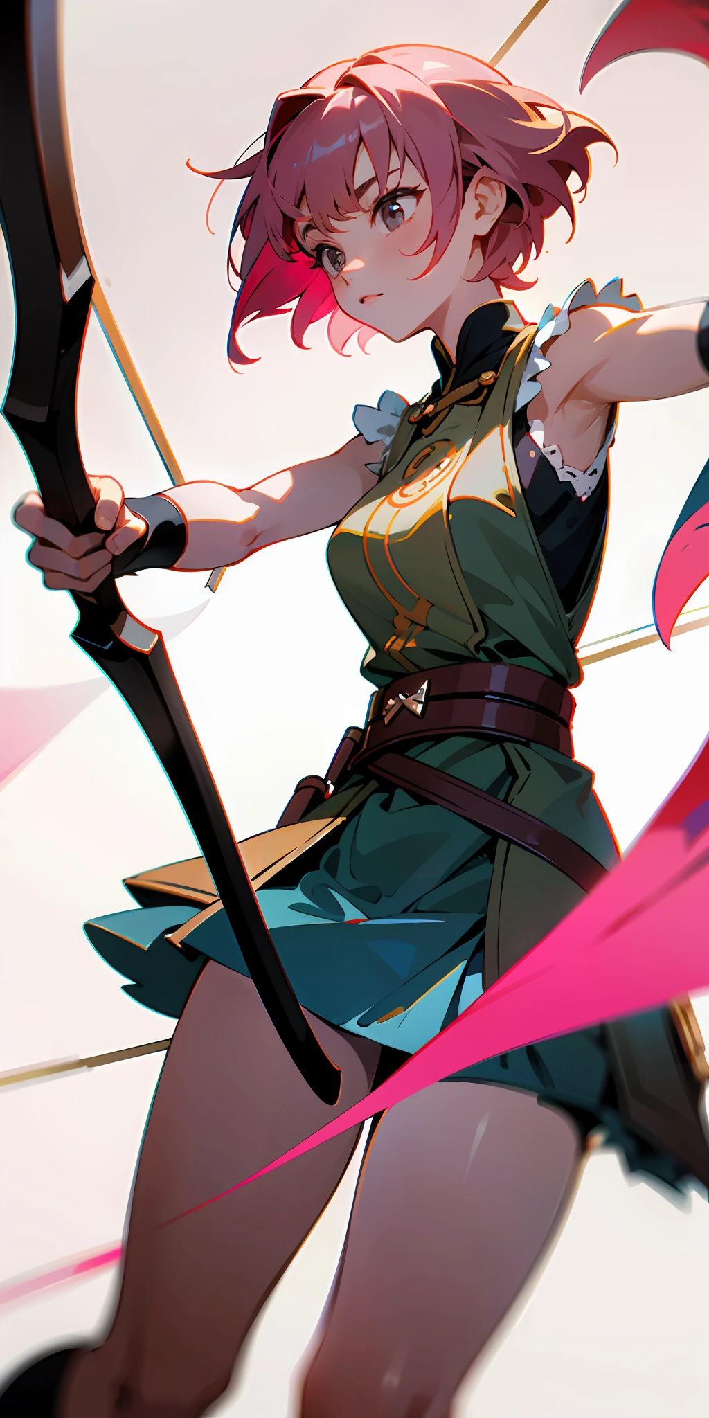 absurd resolution, high resolution, (masterpiece: 1.4), ultra-detailed, 1girl, young warrior, simple clothes, brunette skin, pink hair, short hair, bow and arrow, holding a bow