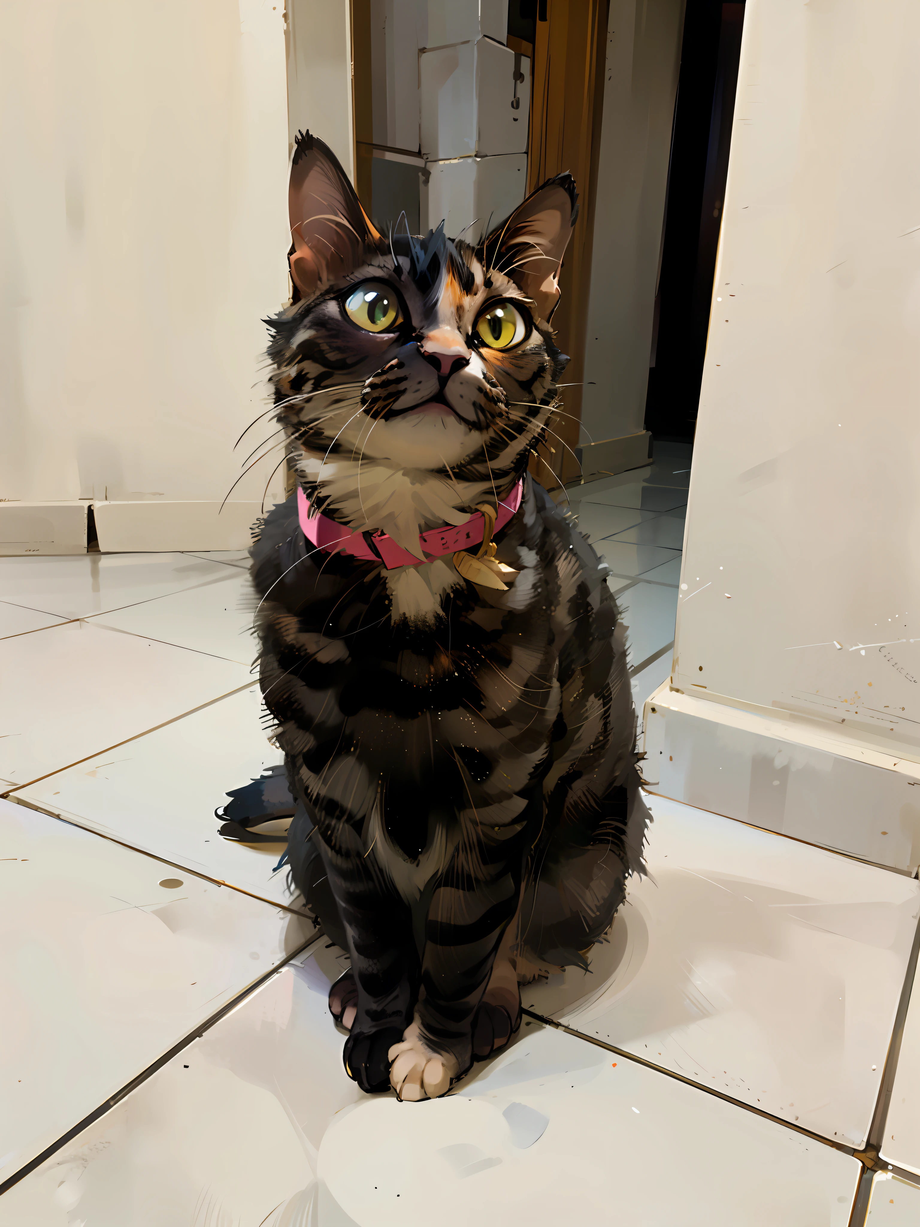 there is a cat sitting on the floor looking up, she is facing the camera, calico cat, looking away from camera, photo of a cat, looking away from the camera, looking from side!, looking towards the camera, looking confused, she is looking at us, looking off to the side