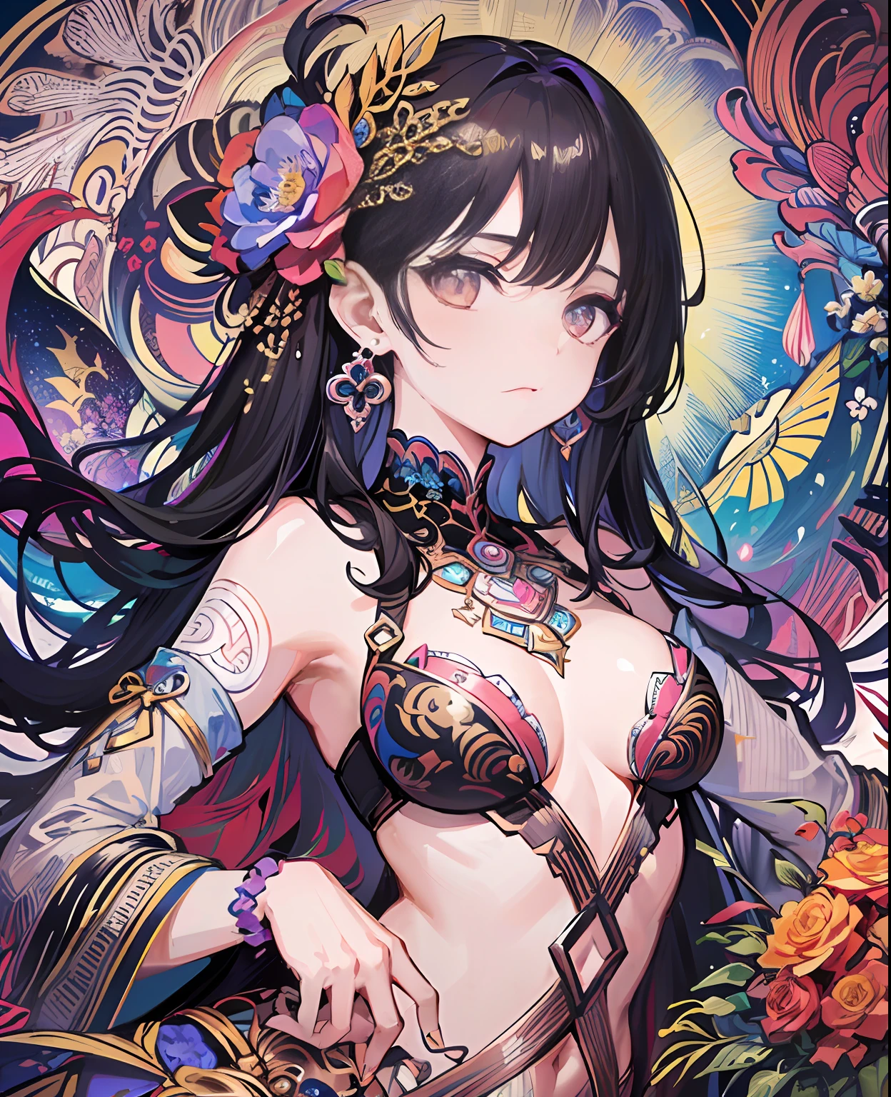(masterpiece, top quality, best quality, official art, beautiful and aesthetic:1.2), (1girl:1.3), extremely detailed,(fractal art:1.1),(colorful:1.1)(flowers:1.3),highest detailed,(zentangle:1.2), (dynamic pose), (abstract background:1.3), (shiny skin), (many colors:1.4), ,(earrings:1.4),