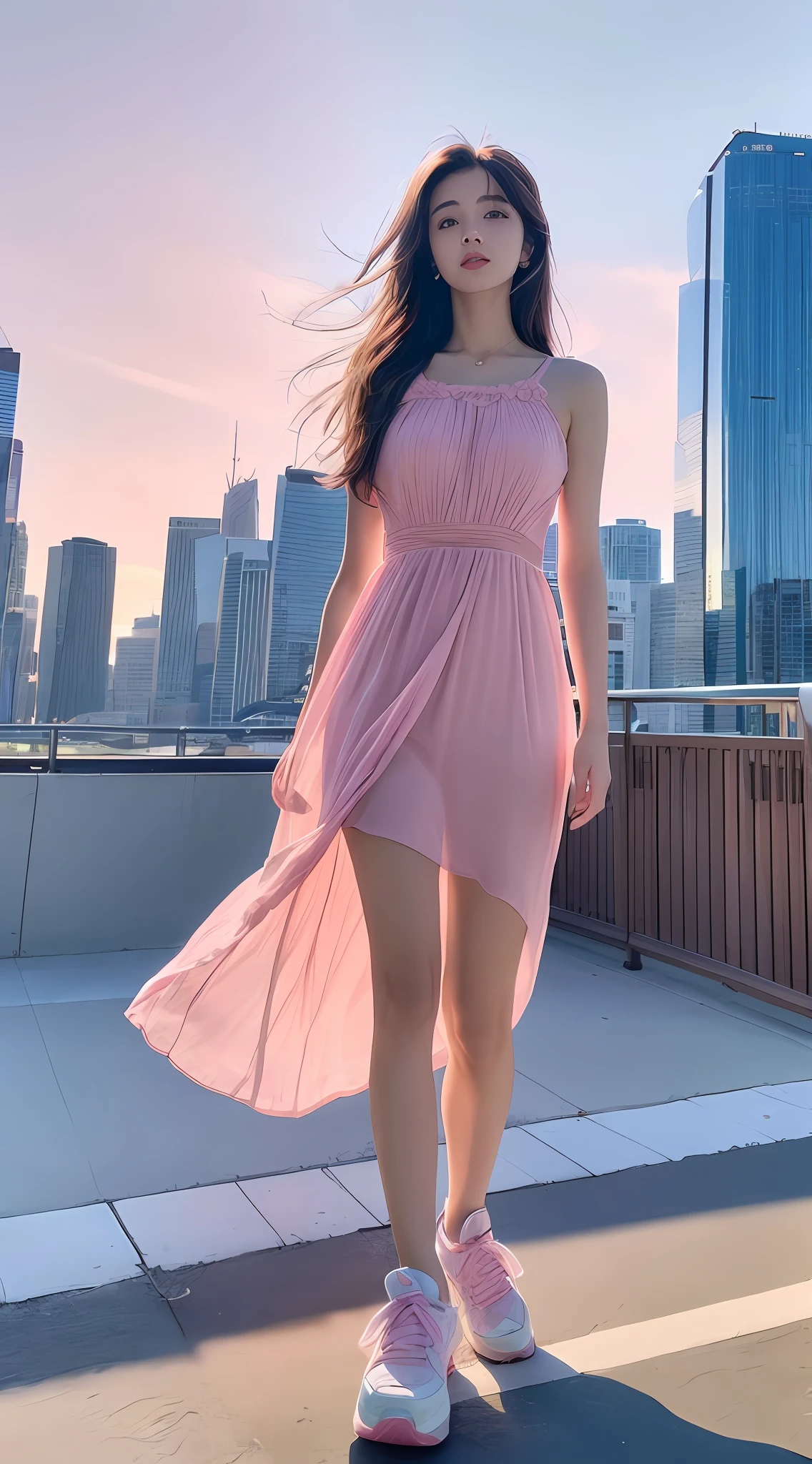 araffe girl in a pink dress standing on a skateboard in front of a city skyline, pink dress, dressed in a pink dress, wearing a pink dress, flowy dress, romantic dress, length skirt, light half opened dress, soft silk dress, wearing a flowing dress, semi transparent dress, 1 8 yo, woman in dress, in a dress, with a thin waist