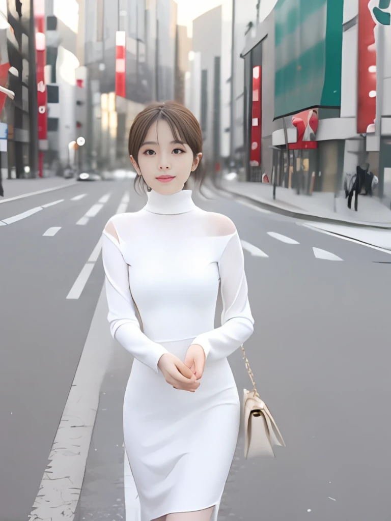 araffe woman in white dress walking down a city street, smooth white tight clothes suit, in white turtleneck shirt, Gorgeous young Japan woman, wearing a cute white dress, pale milky white porcelain skin, white polygonal dress, wearing white dress, a beautiful woman in white, in city street, minimal bodycon feminine costume, Beautiful young Japan woman