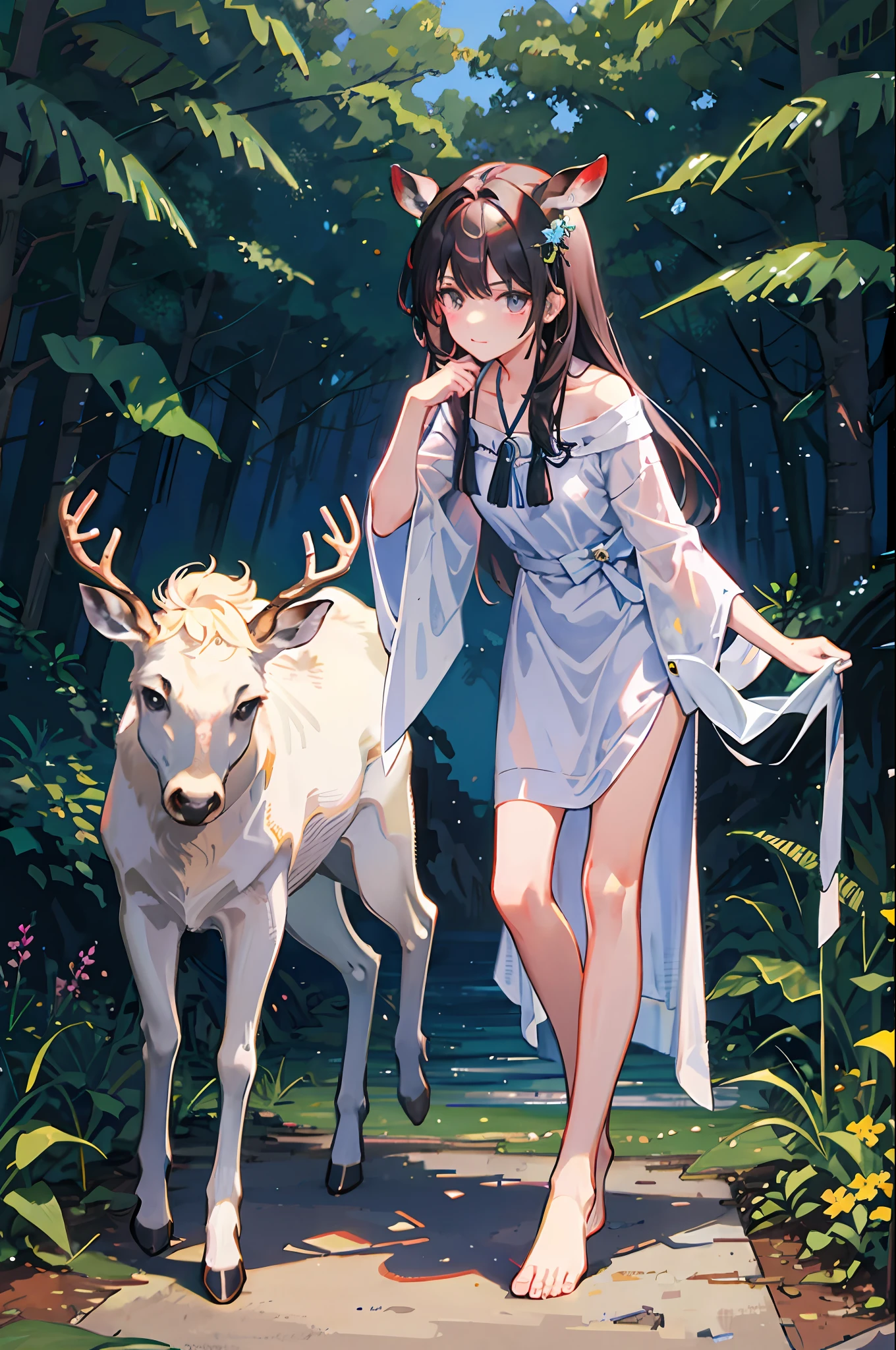NAI,forests,Young Girl,whitedress,Barefoot,The deer's head rested on the girl's shoulder,Fluorescent,Quiet,8k分辨率,anatomically correct,The picture is clear,digital drawing