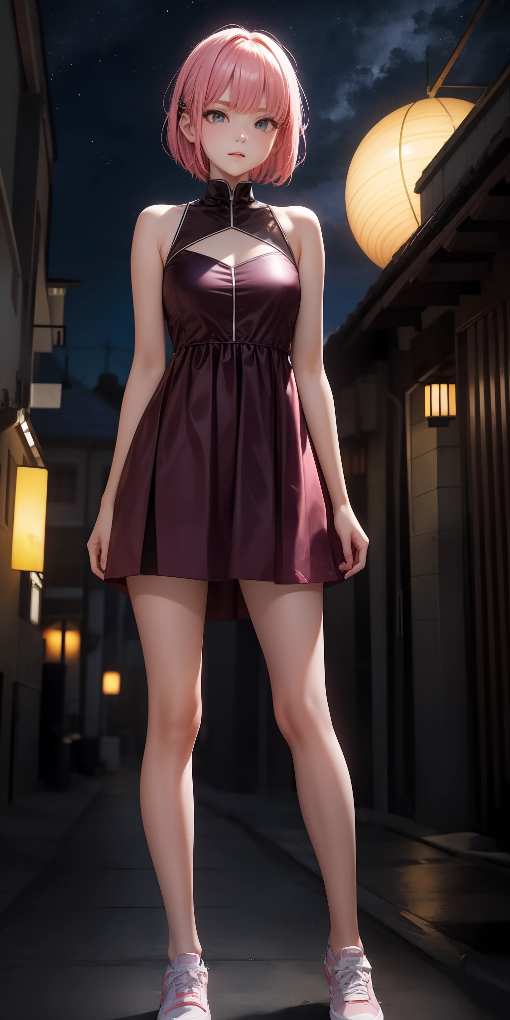 ,(Beautiful skyline,Magnificent sky),(Intense and dramatic imagery,Stunning visuals),(The hanging North Star,Colorful natural light), best quarity,(非常详细的CG Unity 8k壁纸)(best quarity),(best illustrations),(Best shadow, ,slender beautiful woman ,Complete legs,Pink dress, Colorful sneakers, Short hair, Hair color: Black