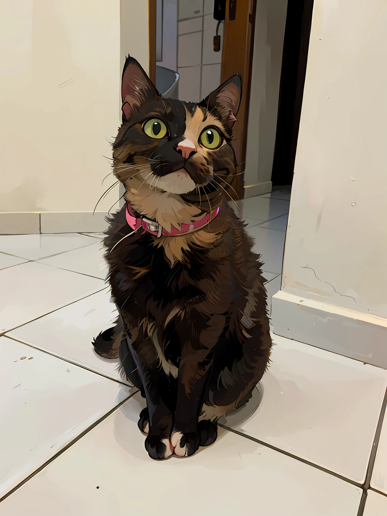 there is a cat sitting on the floor looking up, she is facing the camera, calico cat, looking away from camera, photo of a cat, looking away from the camera, looking from side!, looking towards the camera, looking confused, she is looking at us, looking off to the side, forest background