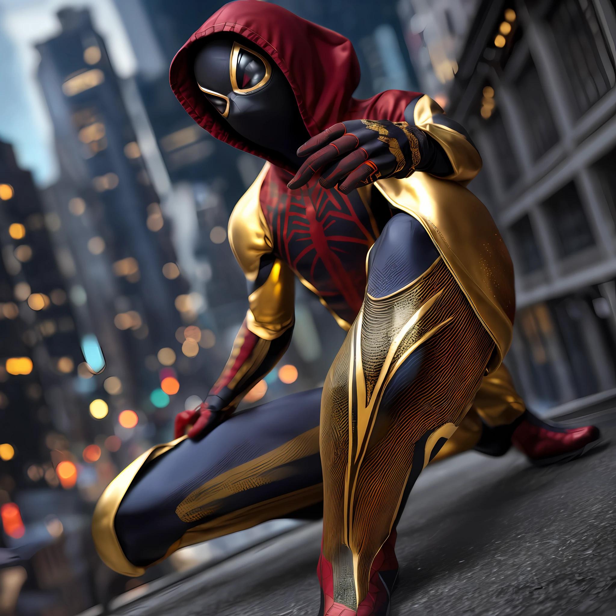 ((8k)), ((ultra detailed)), (1boy), spider suit, dark red and golden suit, white spider emblem with long legs, hood on, mask with two big white eyes, NYC