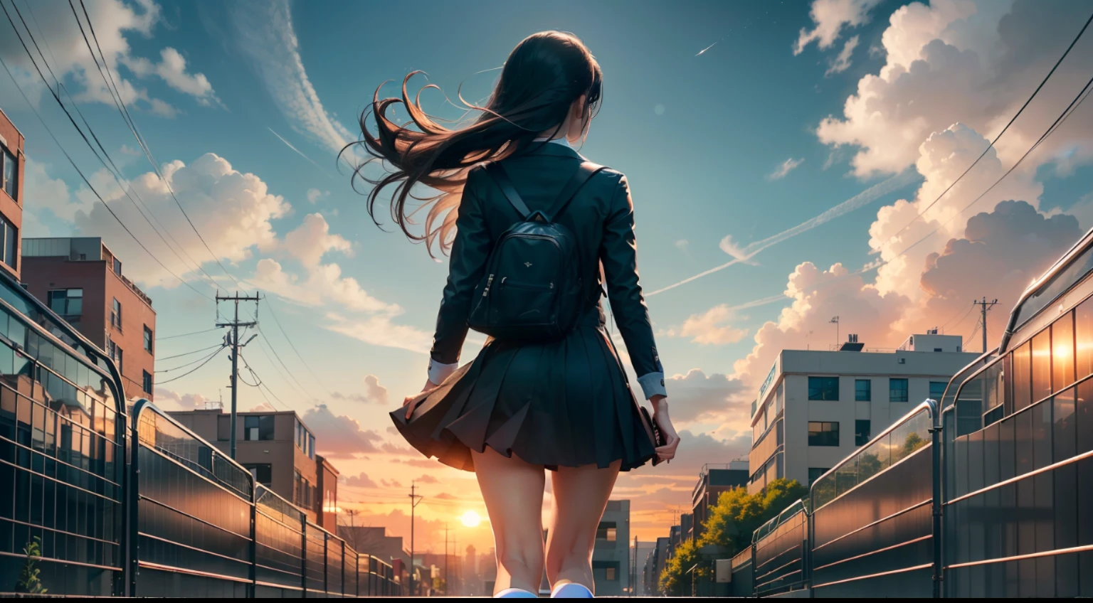 ((masterpiece)), (((best quality))), ((ultra-detailed)), (Amazing:1.1), magnificent space, A back view of a high school girl walking powerfully in the city, black school uniform, black hair, white socks, Looking up at the sky, beautiful sunset in a blue sky that seems to penetrate, realistic, concept art, raw, detailed background, complex background, wallpaper, poster, sharp focus, hyperrealism, insanely detailed, lush detail, filigree, intricate, crystalline, perfectionism, max detail, 4k uhd,
