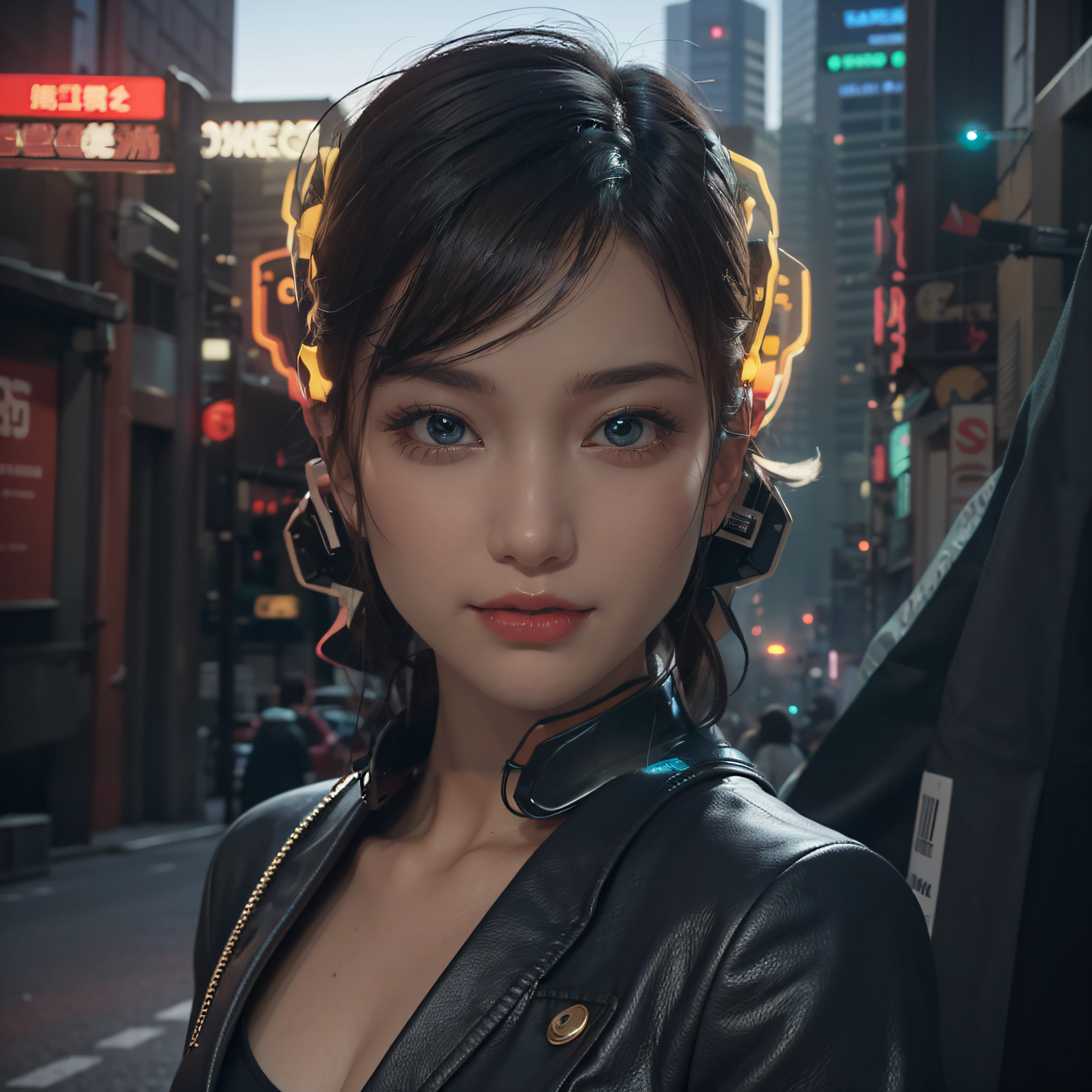 there is a woman with headphones on in a city, 8k portrait render, ross tran 8 k, cara bonita da menina cyberpunk, Wojtek FUS, hiper-estilo cyberpunk realista, 8k artgerm bokeh, Chengwei Pan em ArtStation, cyberpunk art ultrarealistic 8k, Direction: Yanjun Cheng, 3 d render character art 8 k