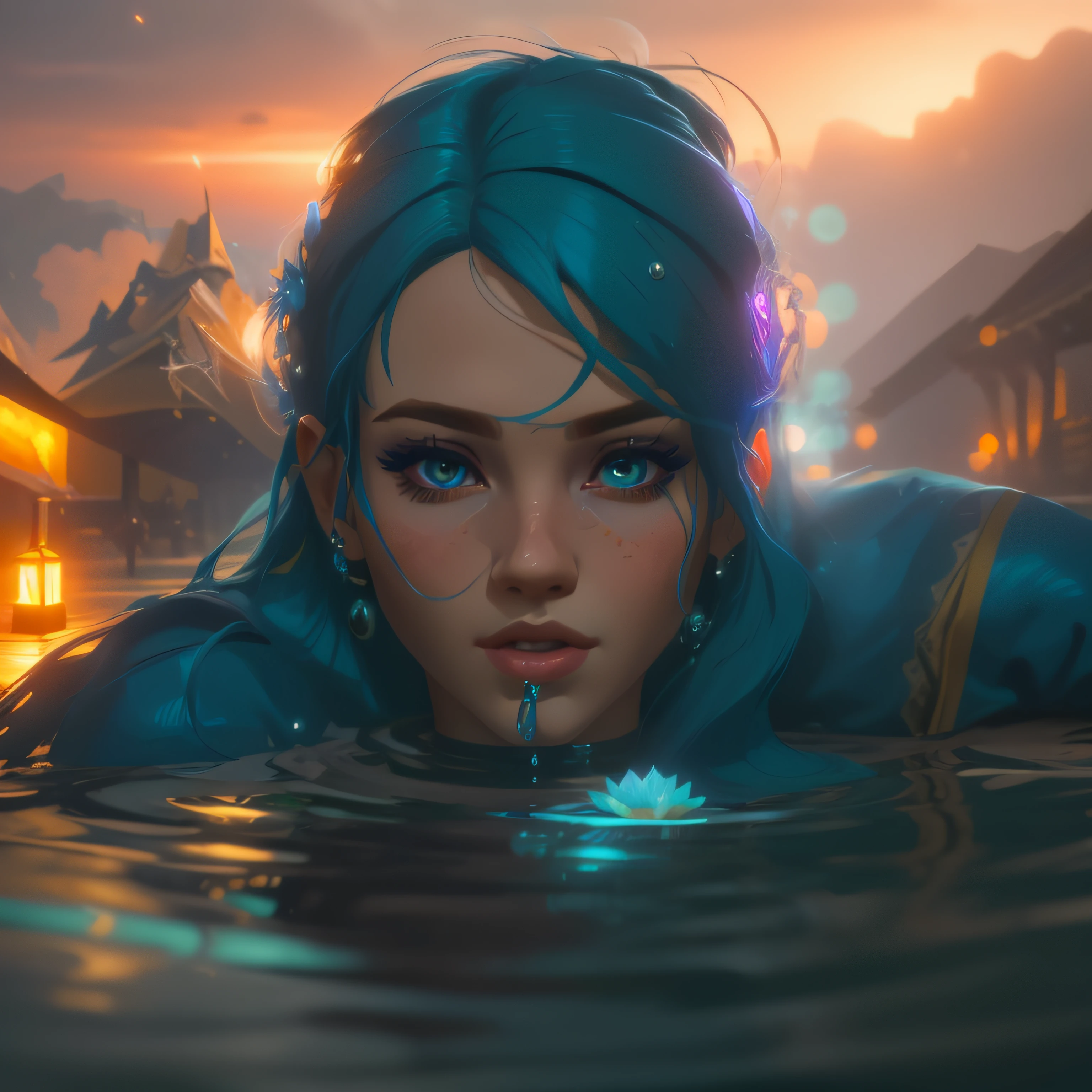 there is a woman with blue hair and a blue wig in the water, Arte no estilo de Guweiz, stunning digital illustration, Neoartcore e Charlie Bowater, closeup fantasy with water magic, trending on artstation 4k, ross tran 8 k, bela arte digital, deviantart artstation cgscosiety, beautiful digital illustration