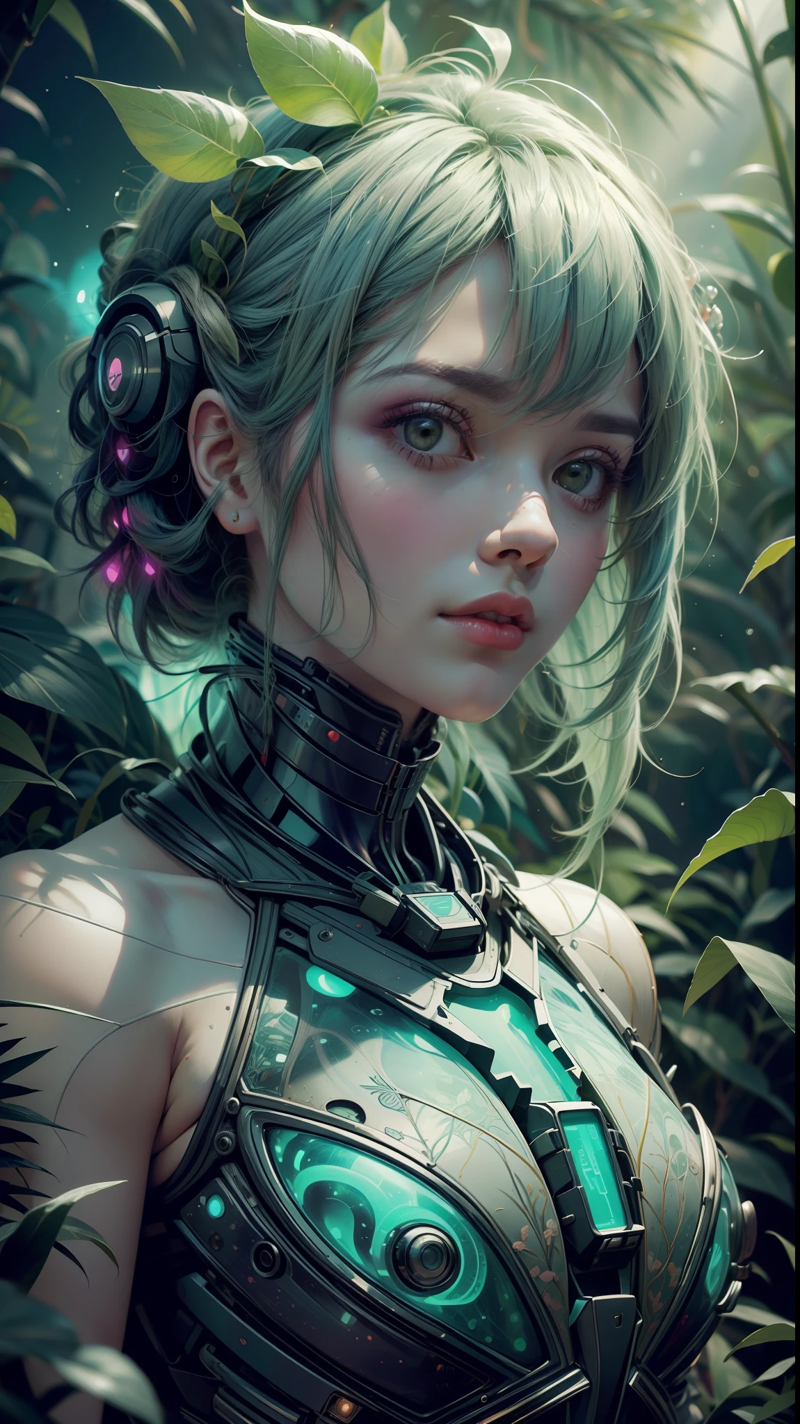 album cover, Adriano Tomine, Akihiko Yoshida, Alphonse Mucha, afrofuturismo, design biofílico |, Expressionismo abstrato(1belissima mulher com roupa techwear, cabos, fios)fundo abstrato detalhado