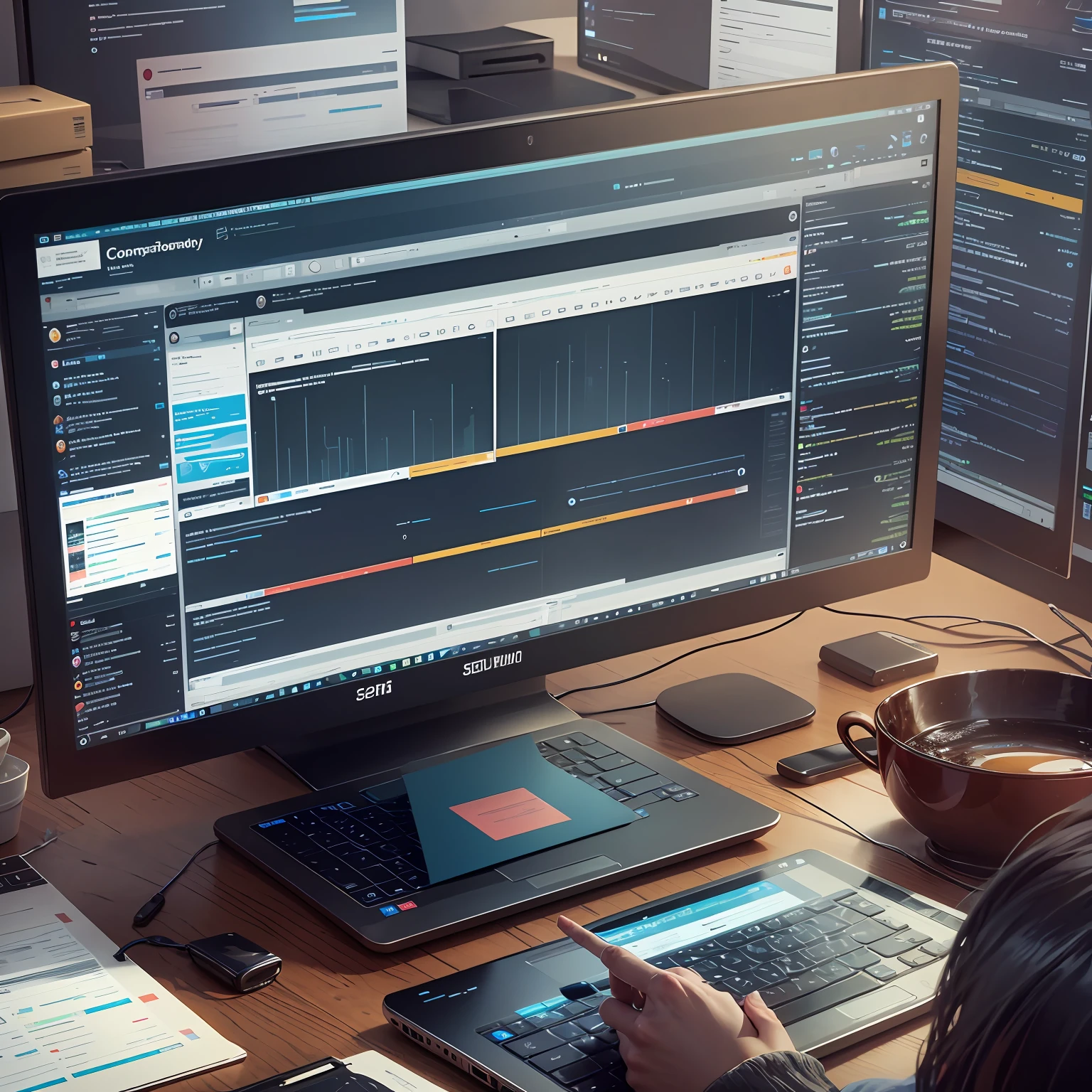 A video editing project skin with an Adobe Premiere timeline and a computer, sem utilizar pessoa