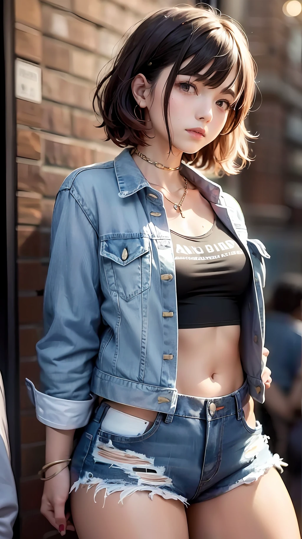 ((middle breasts, Girls-Tomboys, Small head)), daylight, sunlight, (chiseled press: 1,1),Extra short denim skirt (Perfect body: 1,1), (short wavy hair: 1,2), auburn hair, collar,, chain, Full-body shot, Crowded street, in a black T-shirt, denim jacket, ((shorts)), (чрезвычайно детализированные обои CG 8k), wet T-shirt(Extremely delicate and beautiful), (masterpiece), (Best Quality: 1.0), (an ultra-High resolution: 1.0), Beautiful lighting, Perfect lighting, Realistic shadows, [High Resolution], detailed skin, an ultra-detailed