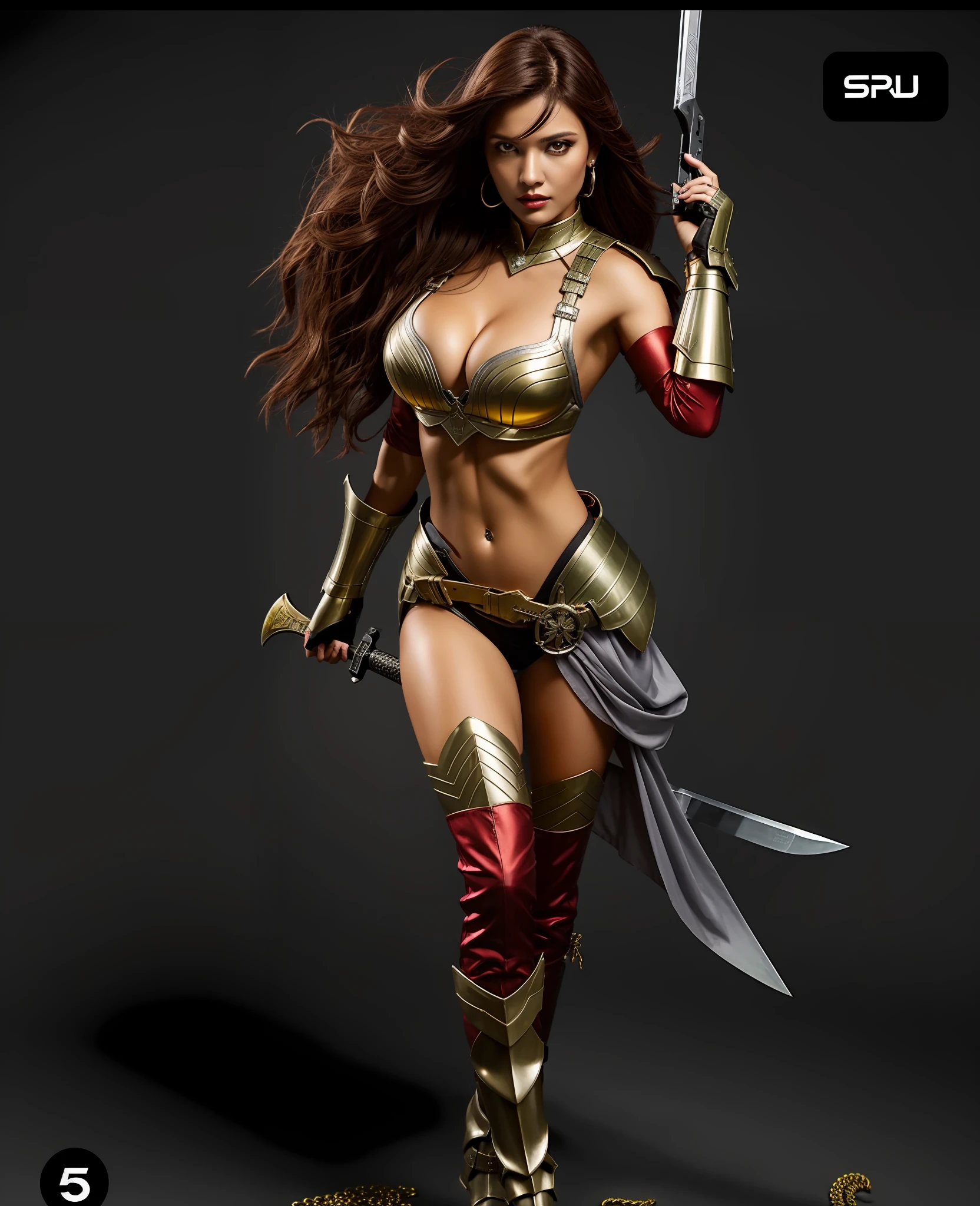 4K, mulher guerreira, corpo musculoso, cabelo vermelho, metallic armor, segurando pistola e espada.