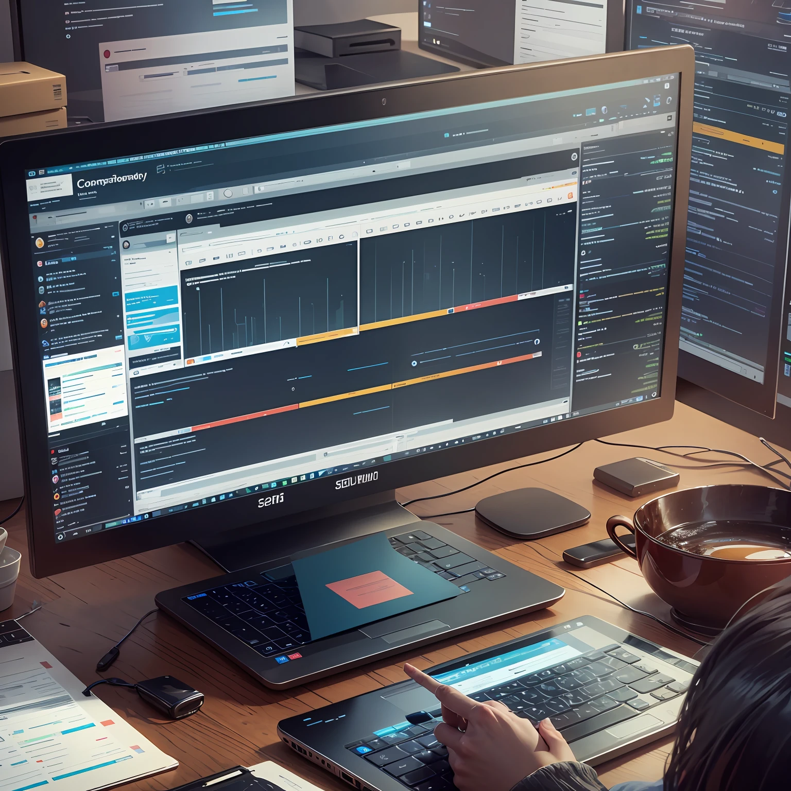 A video editing project skin with an Adobe Premiere timeline and a computer, sem utilizar pessoa