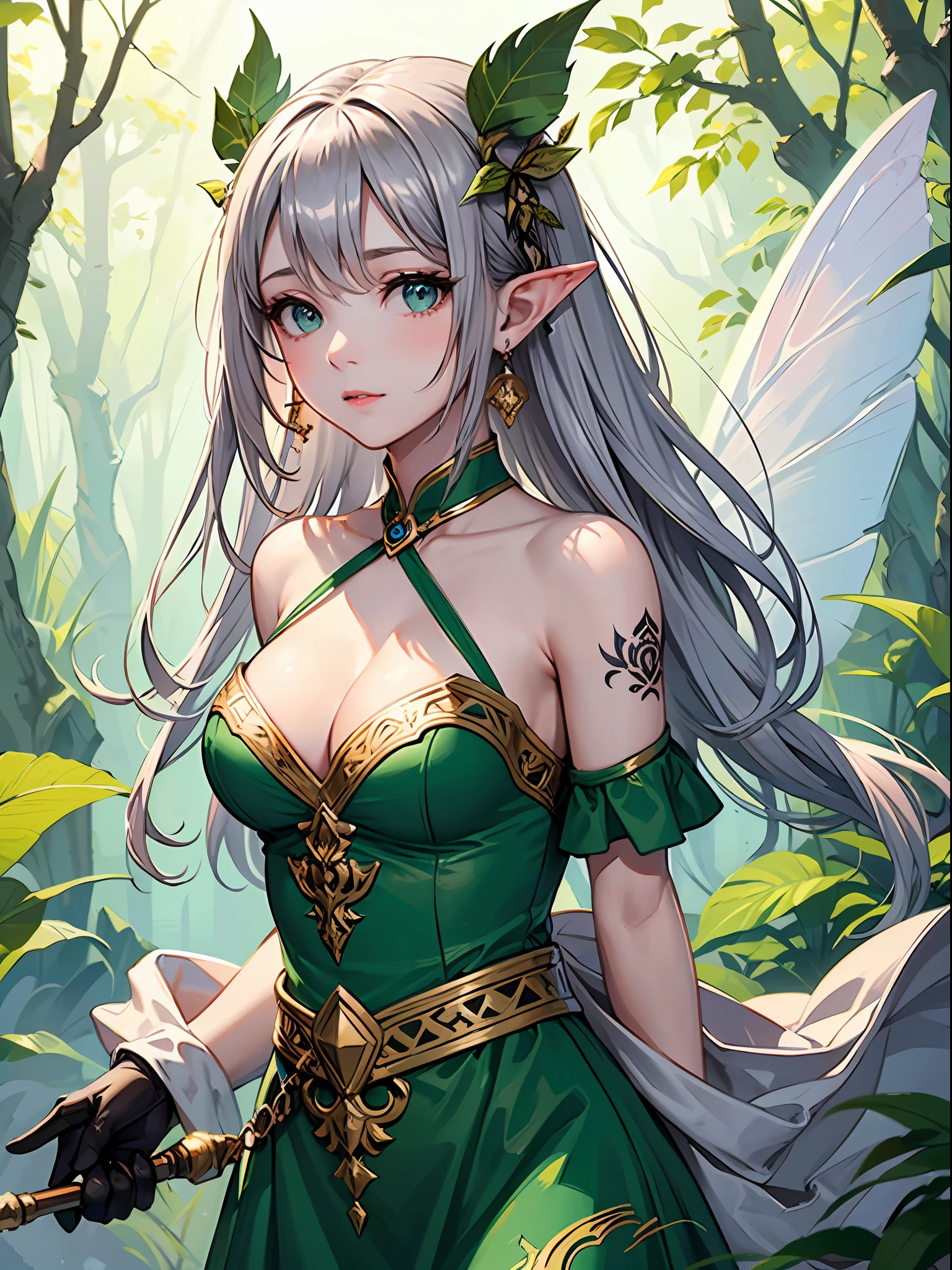(((masterpiece))), (((best quality))), ((ultra-detailed)), (illustration), ((an extremely delicate and beautiful)),dynamic angle,floating, (beautiful detailed eyes), (detailed light) fairyland,dynamic angle,(1priness),(elf),(girl in the dream),(dream in the wonderland), (extremely fantasy dream),pointy_ears, green_eyes, long_hair, solo, bare_shoulders, looking_at_viewer, leaf,covered by leaves, earrings, jewelry,jewelry earrings,silver_hair, hair_ornament,leaf ornament,hair_between_eyes, eyebrows_visible_through_hair, arm_tattoo, leaves tattoo, closed_mouth, bangs, smedium_breasts, blush, sleeveless, (+++upper_body+++),(detailed and beautiful noble leaves texture halter dress,(silver|green dress:1.3),(magic dress),gloves,)hands behind back, /////////,feather, leaves, tree,nature, (sunlight),day, river, (forest),(painting),(sketch),(bloom)////////depth of field, double exposure, tyndall effect, colorful refraction,visual impact,(sketch:0.9),best quality ,(fairy tale and dreamy spring)