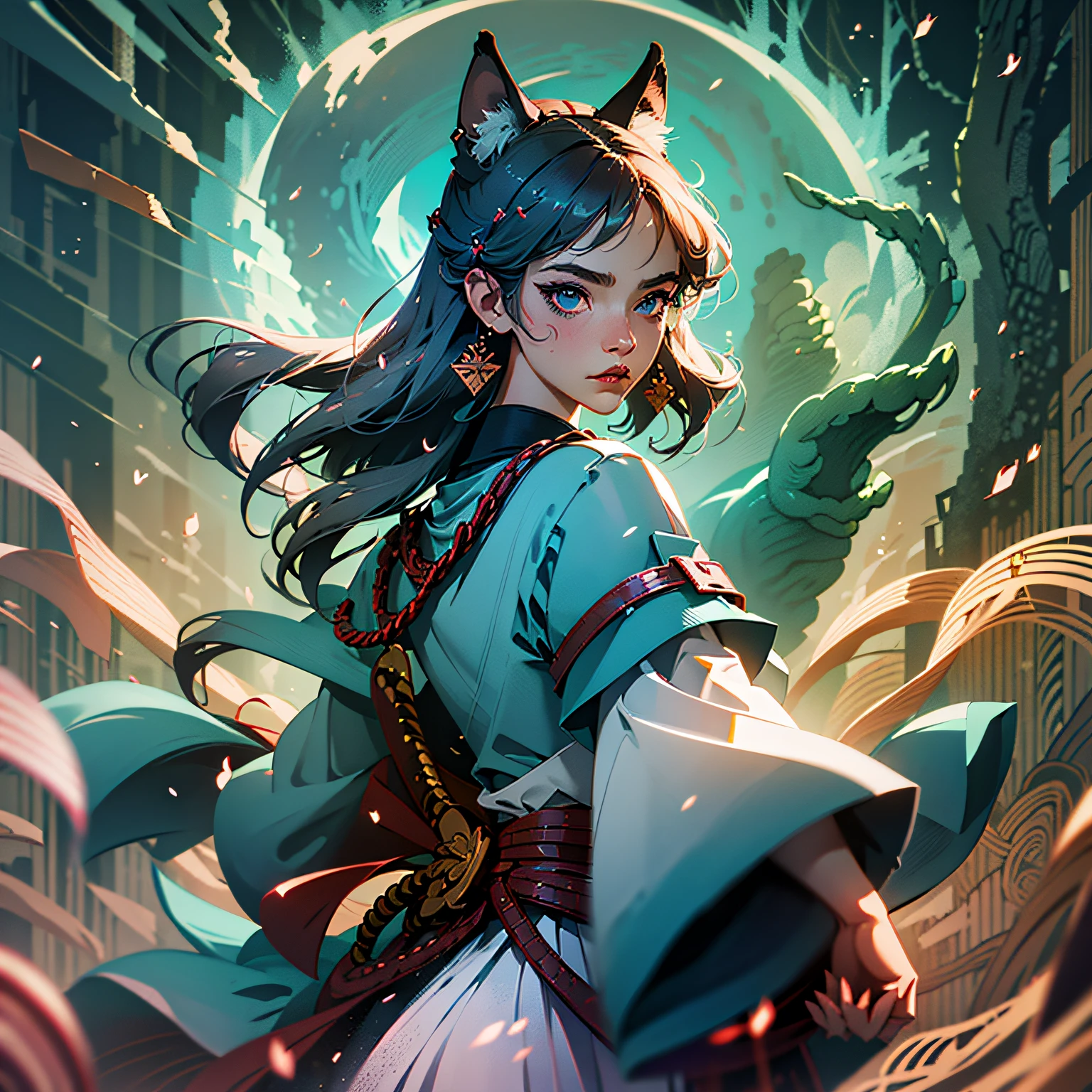 Girl with syrup and fox ears with brown hair and light eyes on top of a building with seductive look with Japanese anime traits --auto