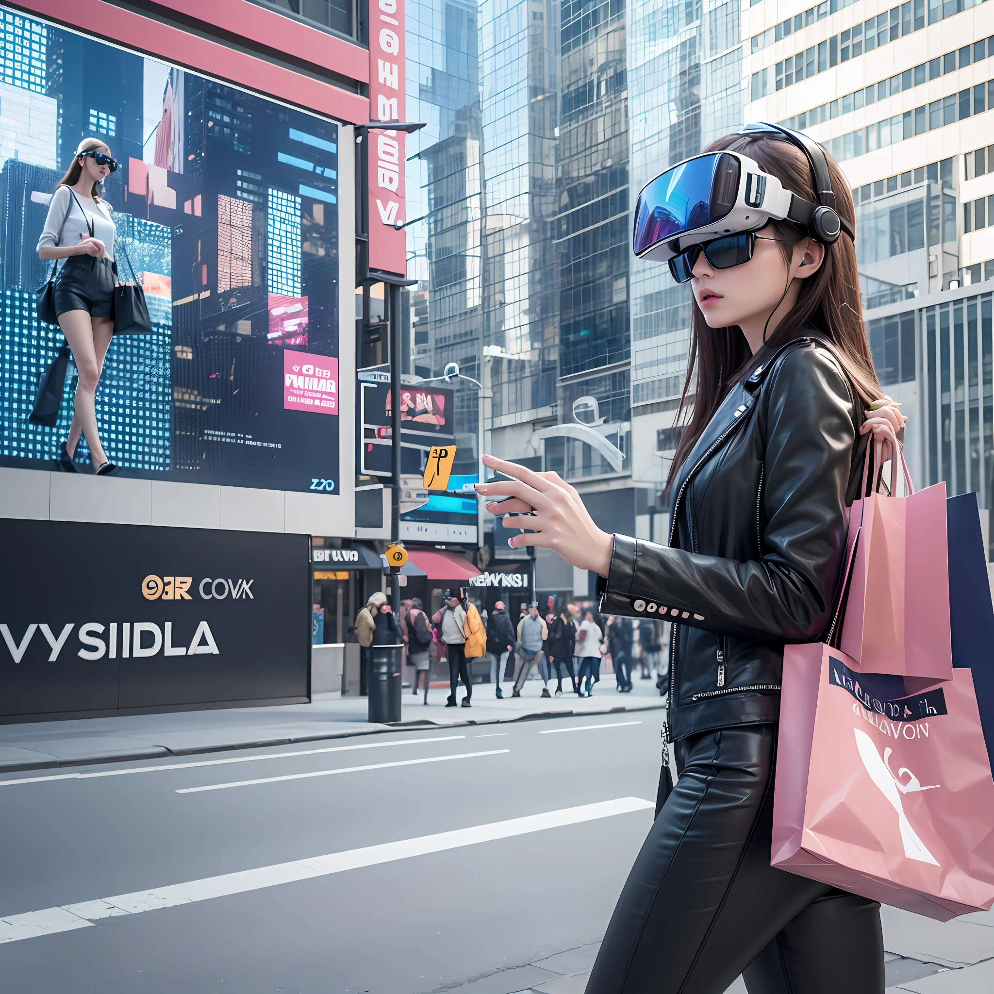 A woman wearing fashion with headphones and sunglasses is talking leading a shopping bag to walk the city street, woman looking at the 3D VR screen in front of her, augmented reality, futuristic brilliant daylight VR OS UX, enhanced vision, holographic interface, immersive, behind the fashion advertising billboard. --auto --s2