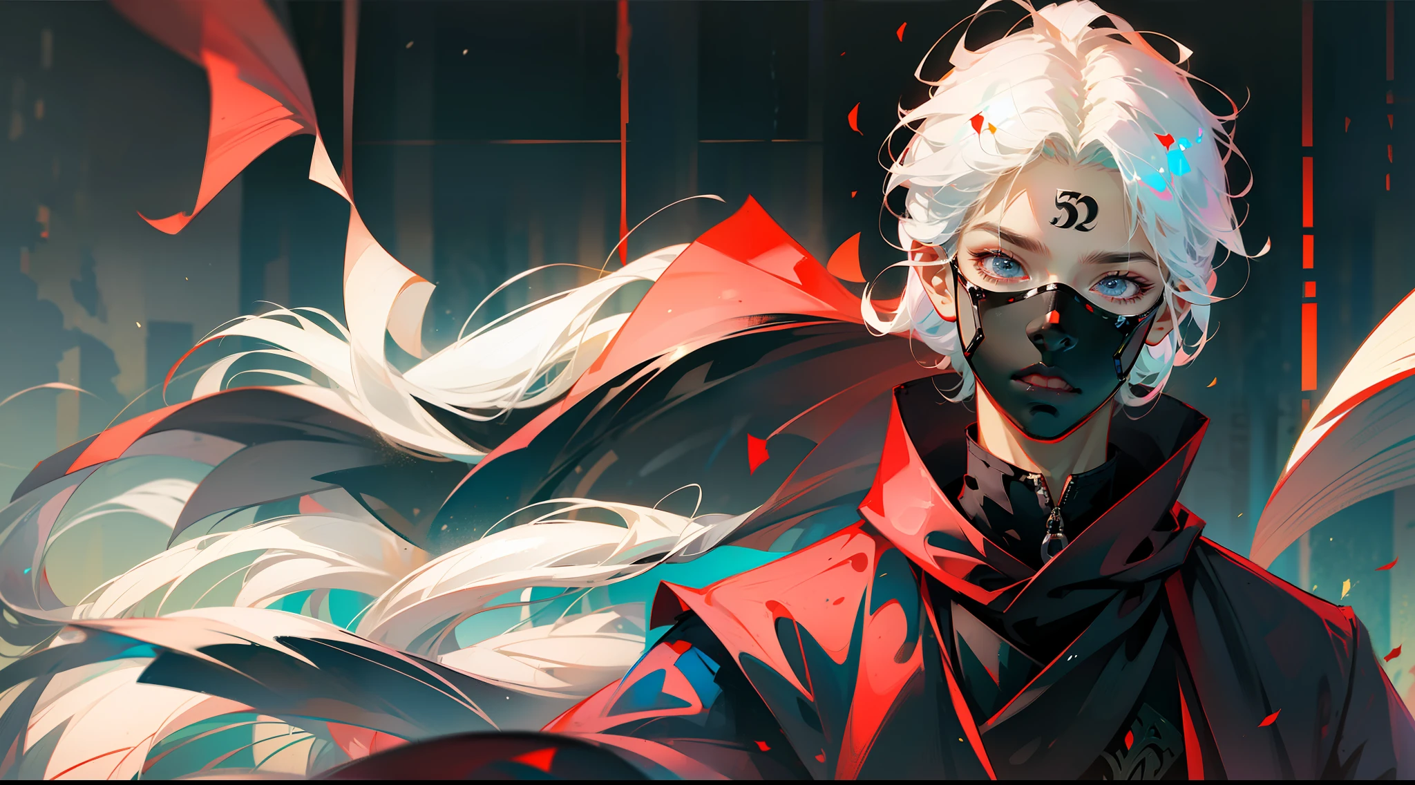 Tokyo Kaoru protagonist Ken Kaneki, anime male character, white hair, wearing a mask that covers the chin mouth and nose, one eye is normal, the other eye is red, normal body --auto --s2
