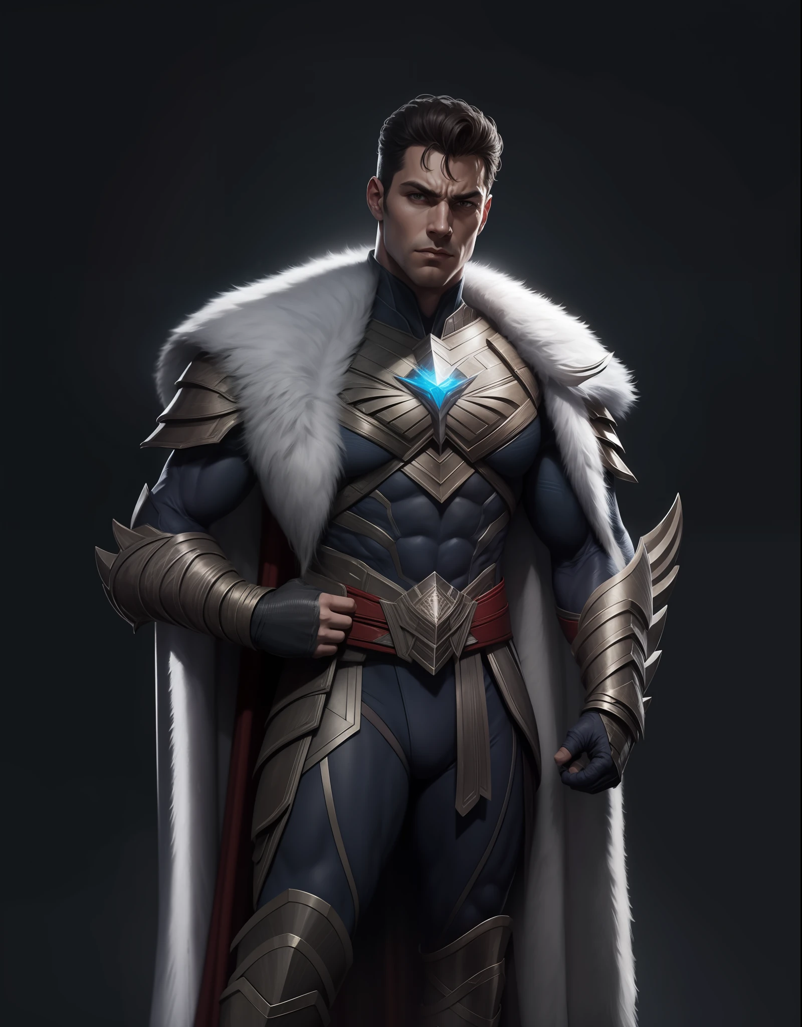 Imposing man wearing Kryptonian black armor, details in high resolution 8k.