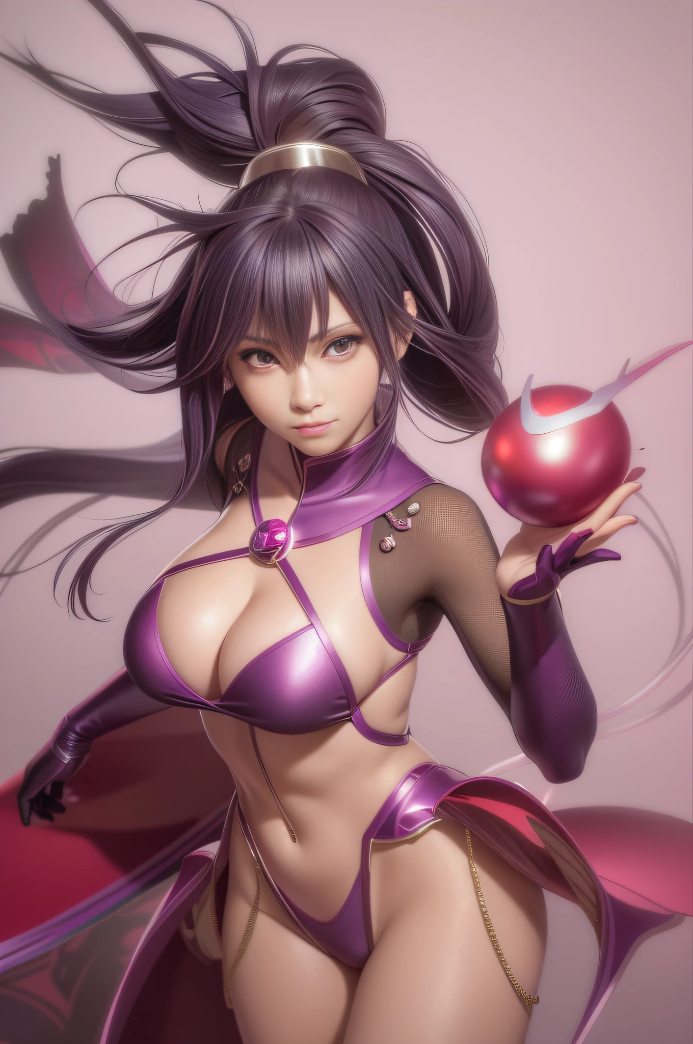A closeup of a woman in a purple and red outfit, portrait of an anime heroine, April rendering, fighting game character, realistic 3D style anime, 3D render character art 8K, 2. 5 D CGI Anime Fantasy Artwork, Render Photorealistic Anime Girl, Advanced Digital Anime Art, Murata Range and Artgerm, Epic Character Mage Girl, Smiling at Camêra.