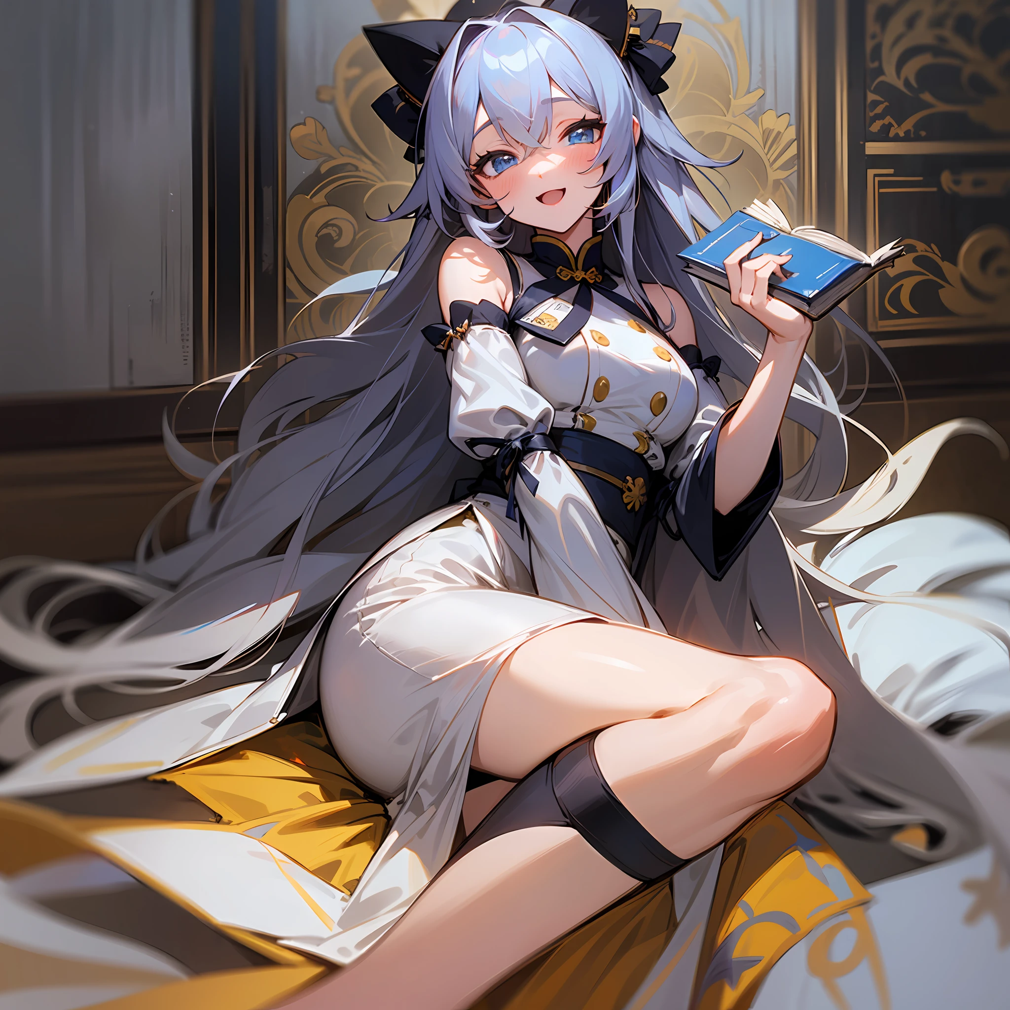 sthe highest qualit, MASTERPIECE,, animesexy,( 水彩画0.8),I want an eBook cover,就好像它是插图一样1girl,Gray hair,Super Long Hair、Highresolution,A daughter,gray long hair,Super Long Hair,Bangs,Clear blue eyes,faired skin,bed room,pelvic curtain,Remove sleeves,White sleeves,long sleeve,medium breasted,ribbon,Leg straps,blueeyes,Looking at the Audience,happopen mouth, very long hair, Feminine,Bashful,Plump breasts, Bangs, feet out of frame, up between legs,black silk,blushed, Hair between the eyes, Highresolution, Masterpiece、, the best quality t ,illustration style,Outside is a lake、with a book in her hand, and a beautiful pet cat, in a beautiful and golden old castle, The girl was super happy,Smiling ,Super beautiful background drawn by WLOP,, Looking at the viewer gently and affectionately,