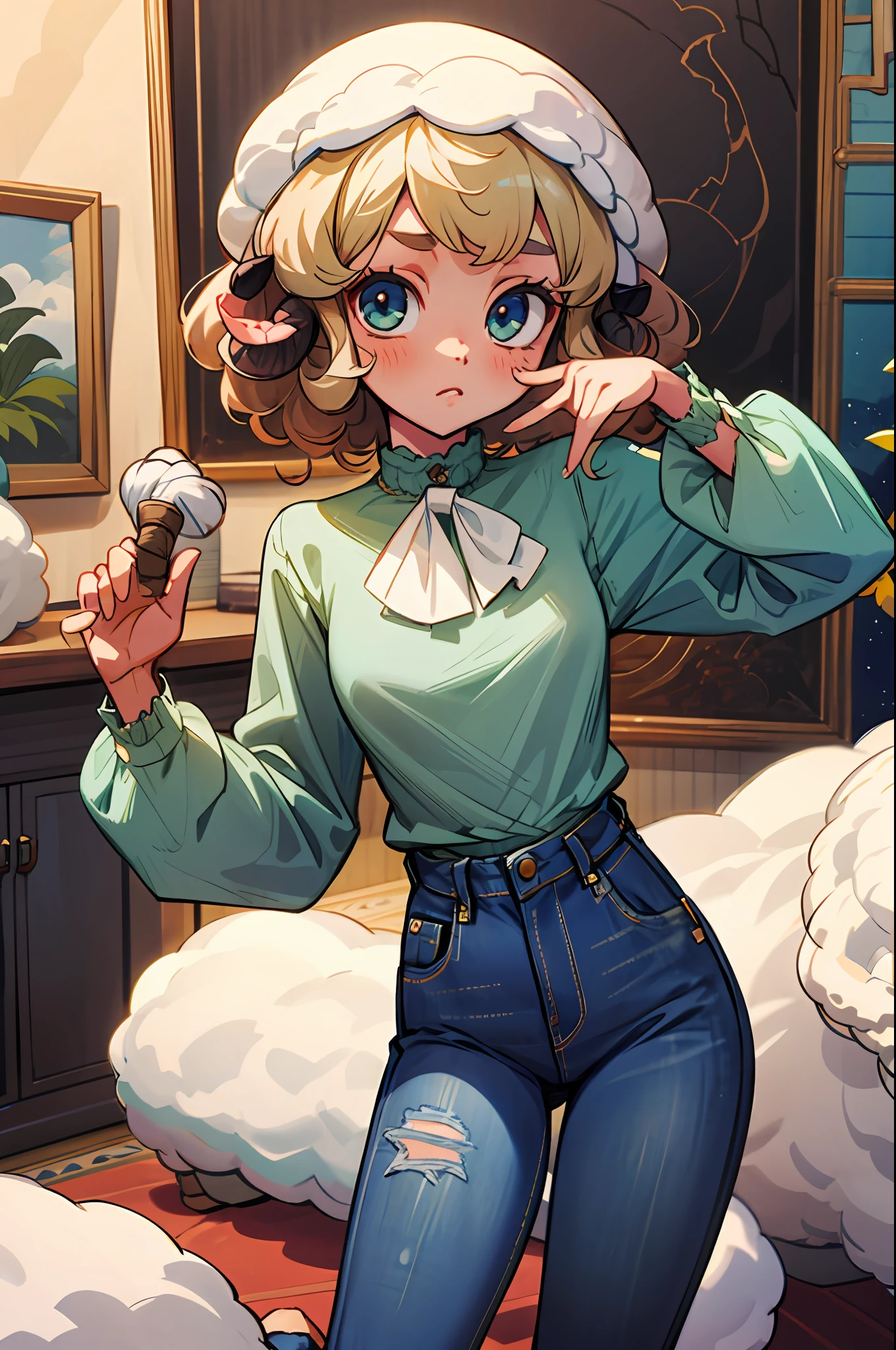 Loli sheep girl,curly hair, (wearing a wool blouse:1.6), jeans, black boot, sexy pose, looking at the viewer,living room facing the slope