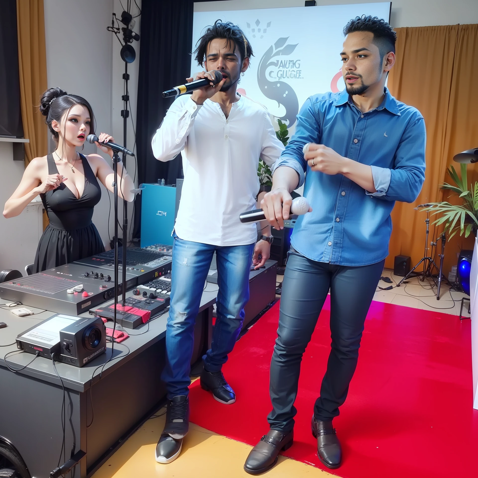 estar jogando um videogame, new music, se apresentando no palco, Winning the competition, por Ismail Gulgee, realizando um videoclipe, performance ao vivo, music show, vocalistas de apoio, ao vivo no palco, television show, imagem promocional do filme, editado, no palco, photoshoot, Aesthetic shooting, performance, pose elegante, no palco --auto