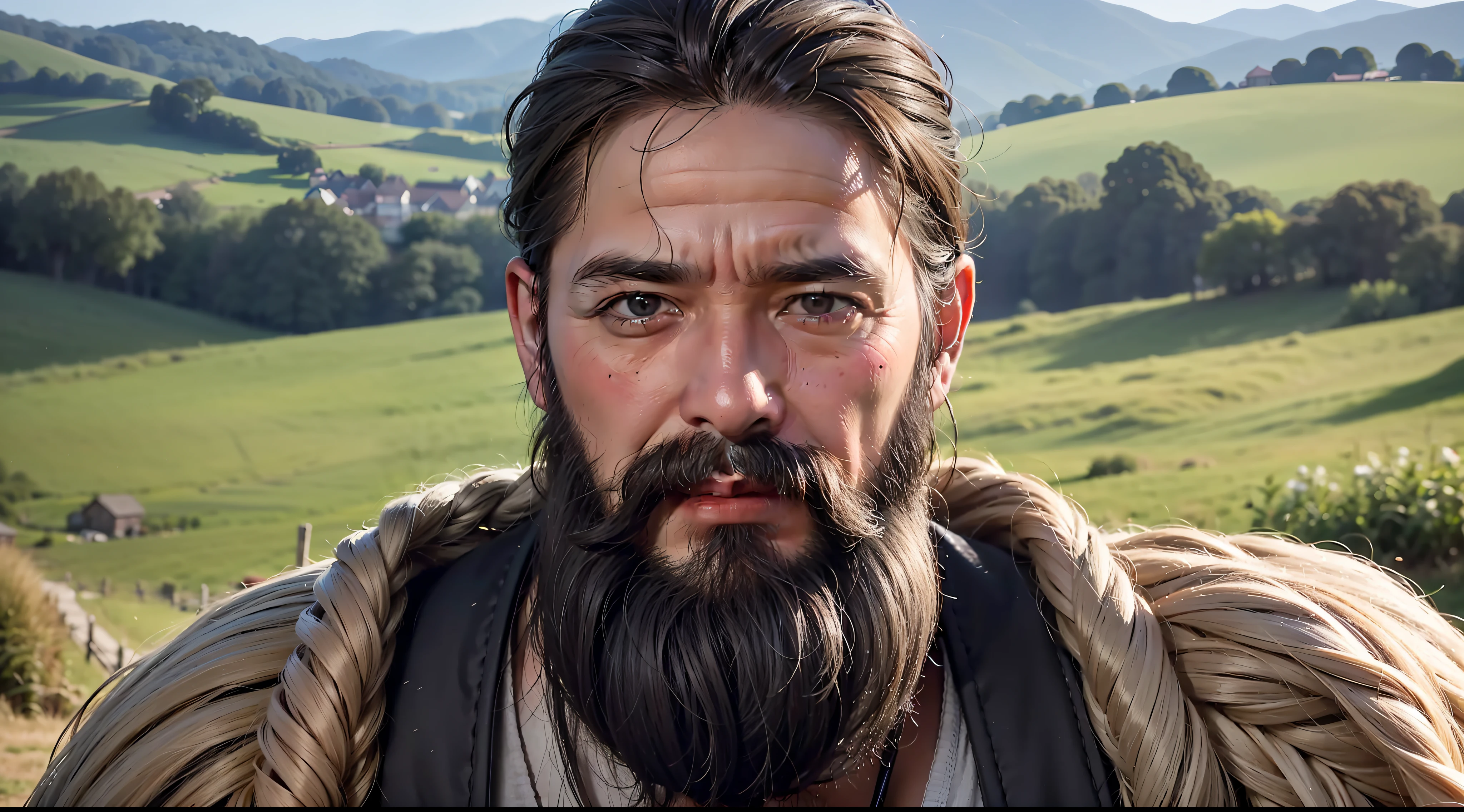 A portrait of a middle-aged, bearded, village man in the countryside, with piercing eyes, detailed face, high details, photography, full face, dark studio, rim light, Nikon D850, 50mm, f/1.4