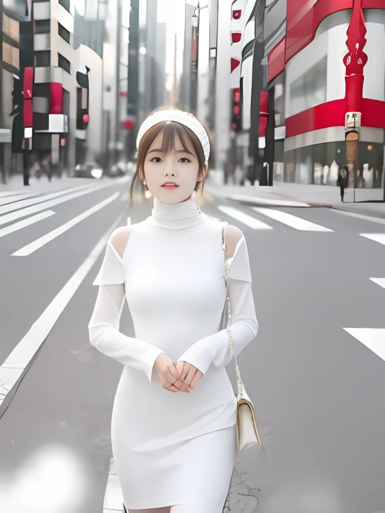 araffe woman in white dress walking down a city street, smooth white tight clothes suit, in white turtleneck shirt, Gorgeous young Japan woman, wearing a cute white dress, pale milky white porcelain skin, white polygonal dress, wearing white dress, a beautiful woman in white, in city street, minimal bodycon feminine costume, Beautiful young Japan woman