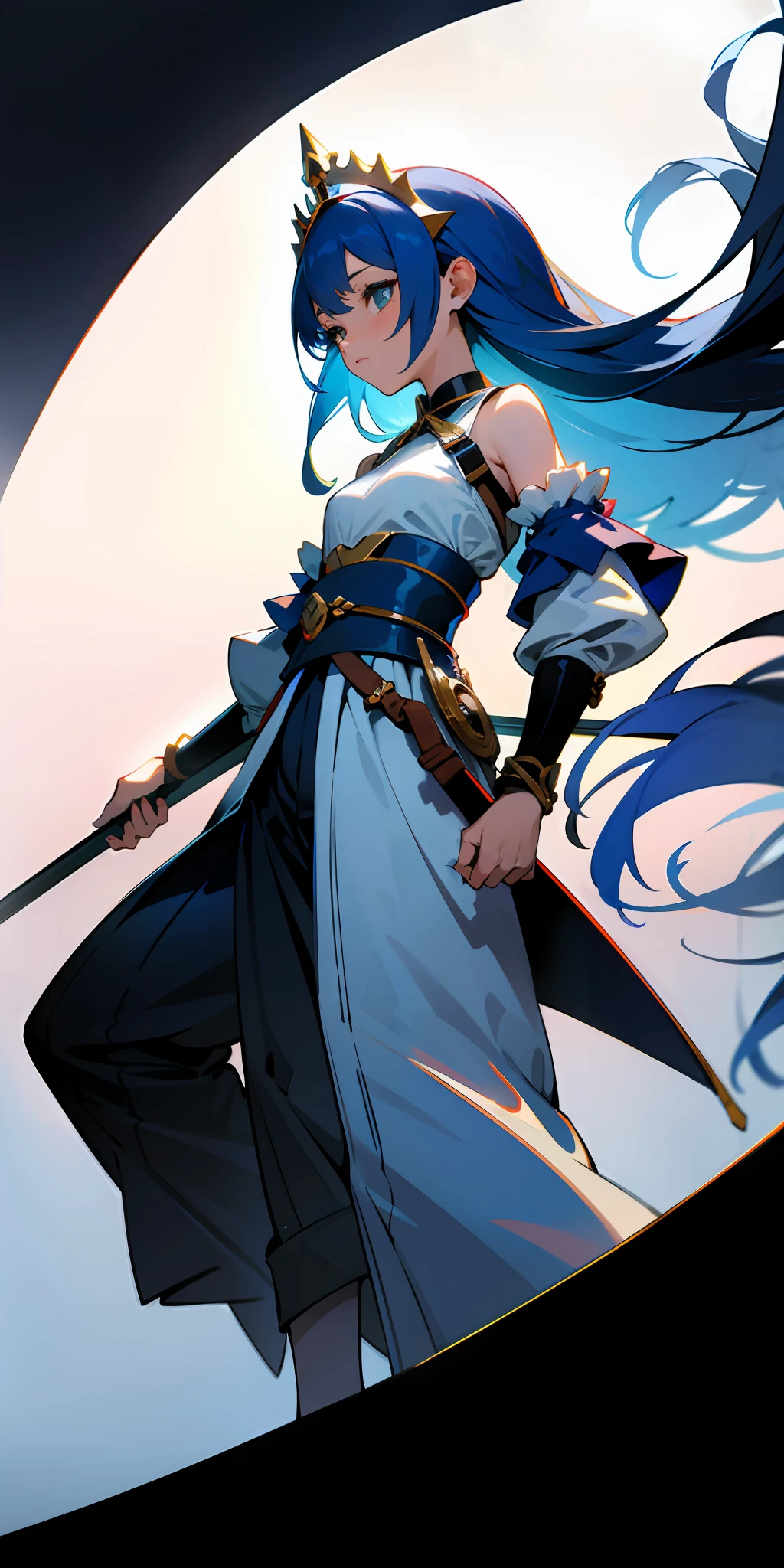 absurd resolution, high resolution, (masterpiece: 1.4), ultra-detailed, 1girl, young warrior, simple clothes, blue hair, wearing tiara, sling, holding a sling