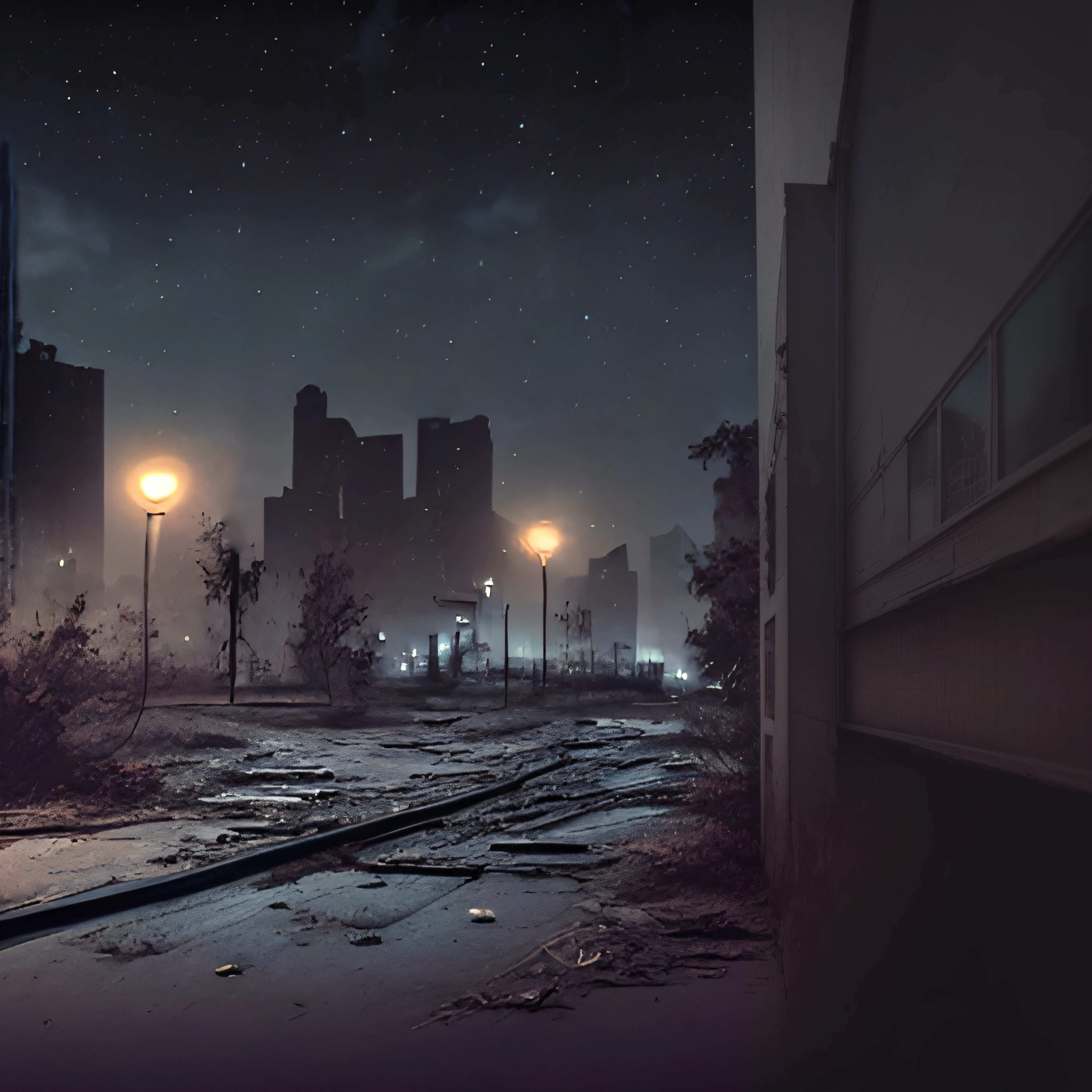 cena noturna de uma rua da cidade com um trilho de trem e luzes de rua, Ruas escuras e abandonadas da cidade, arte conceitual escura fotorrealista, cidade abandonada, post - apocalyptic city streets, an abandoned dystopian city, digital concept art of dystopian, cidade cyberpunk abandonada, dark cinematic concept art, post - apocalyptic city, eerie nostalgic concept art, destroyed city in the background, paisagem urbana arruinada ao ar livre