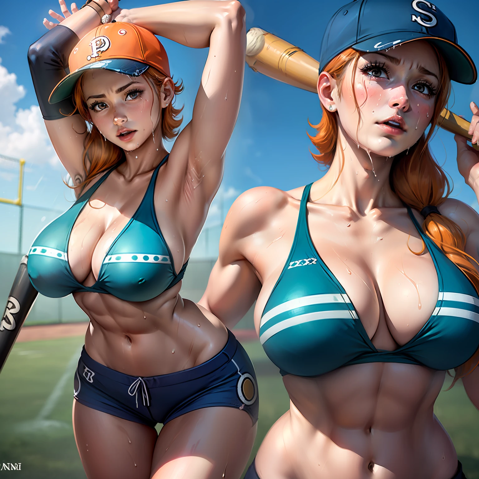 (nami, one piece ),((playing baseball )),(transparent bikni,large breasts,wet,sweaty,abs)),{Nami}(one piece),8k, masterpiece, detailed onegirl