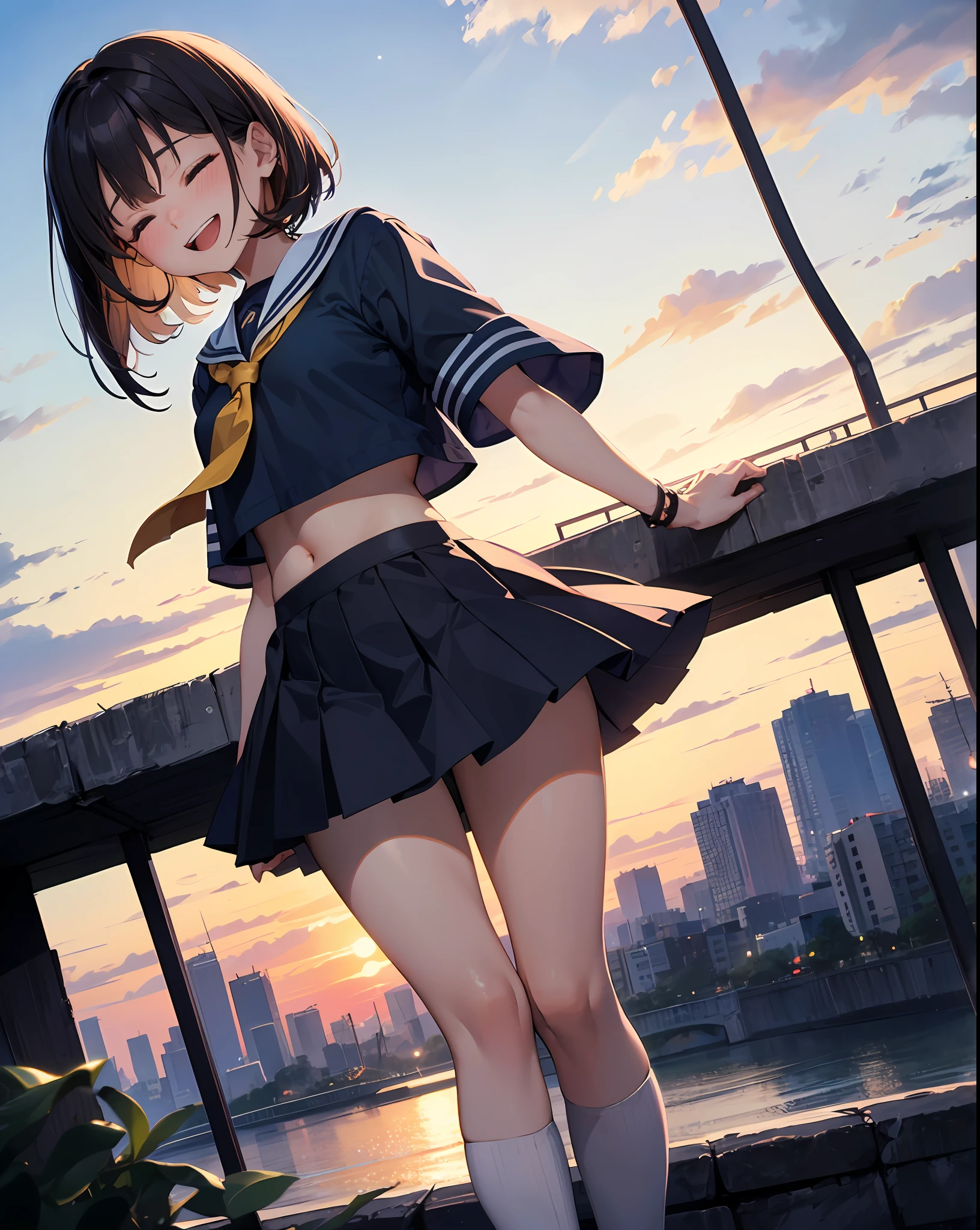 (Beautiful skyline,Magnificent sky),(Intense and dramatic imagery,Stunning visuals),(The hanging North Star,Colorful natural light), ),(close shot,Long shot mashup)1young_teen_the girl， loli， brown_hair， medium_bob_hair， blue_midriff_baring_sailor_uniform， mini_skirt， short_sleeve， big legs， big_，closed_eyes， smileing， open_mouth， standing a，
