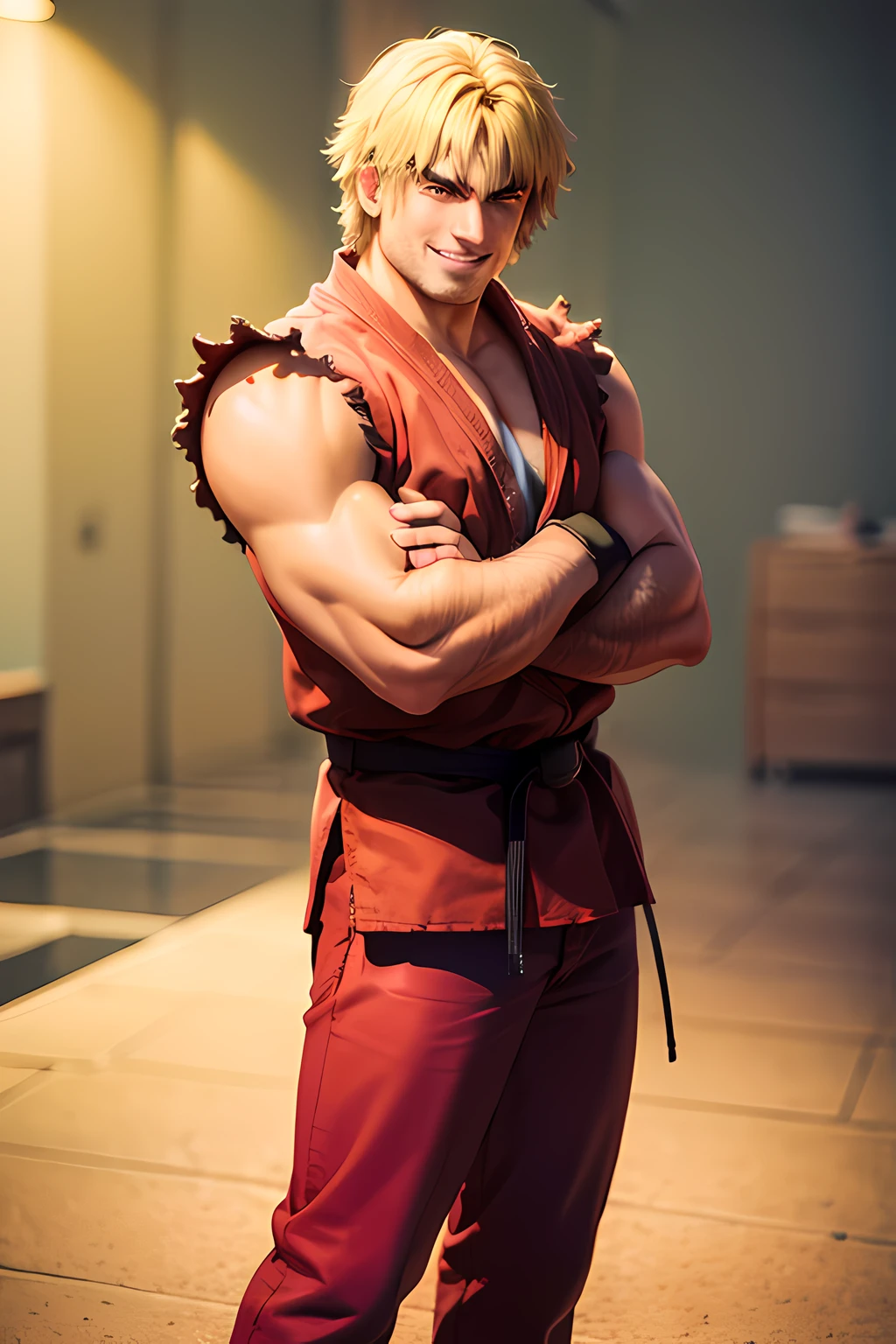 (masterpiece, best quality:1.2), cowboy shot, solo, male focus, 1boy, ken masters, muscular male, smile, crossed arms, red dougi, pants, fingerless gloves