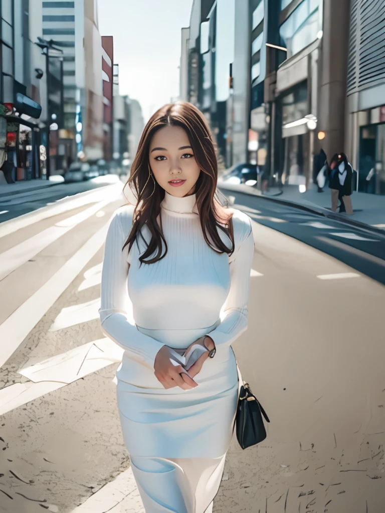 araffe woman in white dress walking down a city street, smooth white tight clothes suit, in white turtleneck shirt, Gorgeous young Japan woman, wearing a cute white dress, pale milky white porcelain skin, white polygonal dress, wearing white dress, a beautiful woman in white, in city street, minimal bodycon feminine costume, Beautiful young Japan woman
