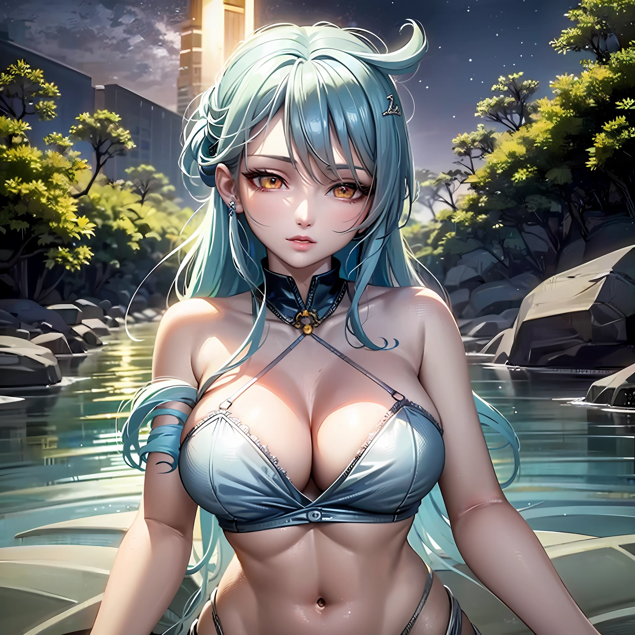 anime girl with blue hair and intense yellow eyes in a body of water, 2. 5 d cgi anime fantasy artwork, anime style 4 k, detailed digital anime art, seductive anime girl, beautiful alluring anime woman, digital anime art, anime fantasy artwork, advanced digital anime art, anime goddess, anime style. 8k, fantasy art style, beautiful anime girl, full body, transparent bra,