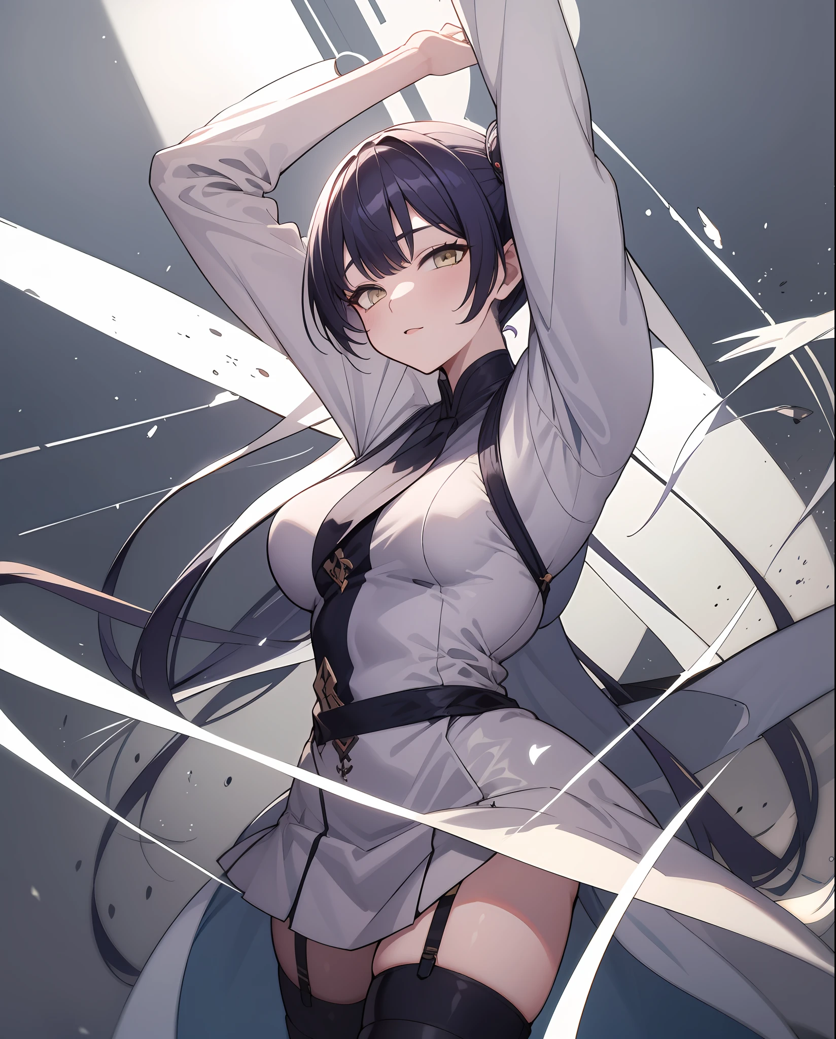 anime girls with purple hair and yellow eyes are posing for a picture, anime girls, ecchi anime style, sfw version, pixiv 3dcg, ahegao, top rated on pixiv, oppai, pixiv, official fanart, ecchi, popular on pixiv, at pixiv, anime! 4k, anime! 4 k, head is up, arms out of frame, hands oit of frame, upper body, large breasts, full body, garter belt, thighhigh boots