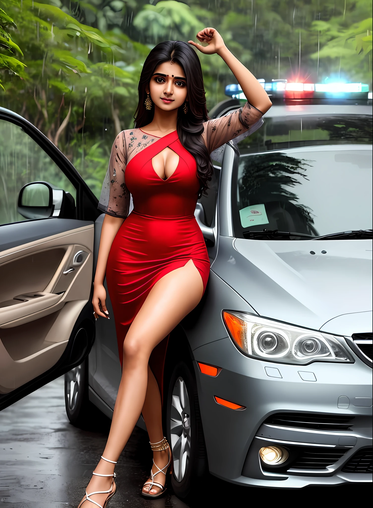 indian sexy girl, boobs,police drees, gorgeous pretty beauty, looks hot, rain forest alone walked in car
