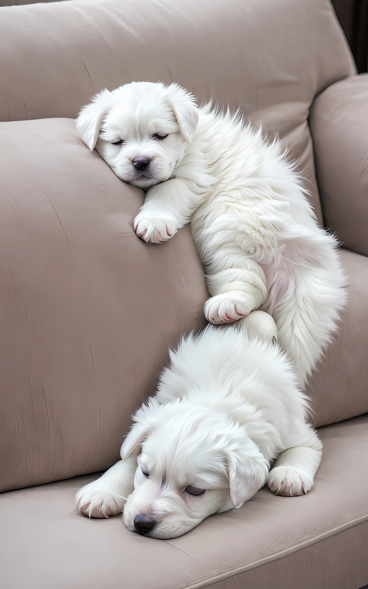 White puppy taking a nap on the sofa