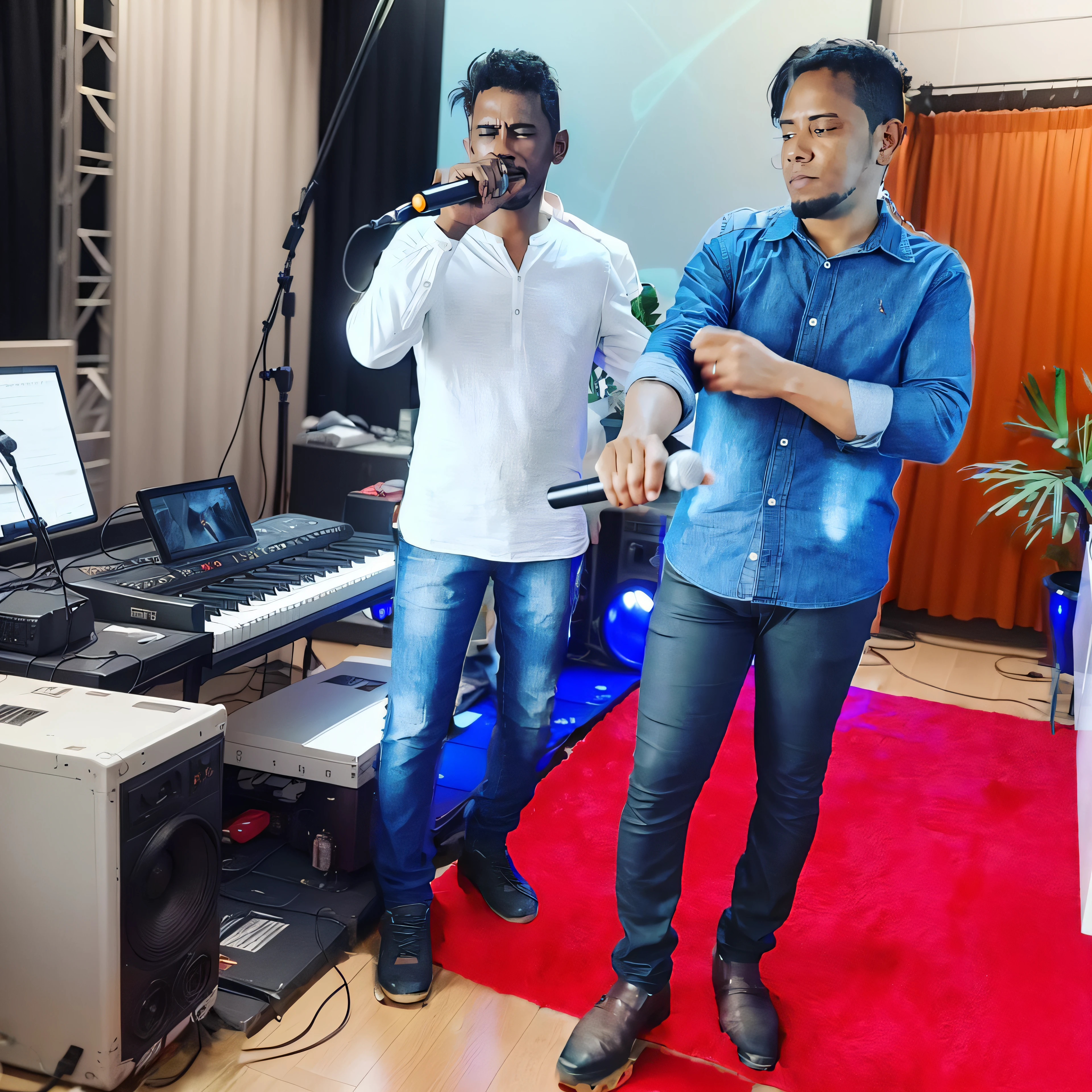 they are two men standing in a living room playing a video game, new song, performing on stage, competition winning, by Ismail Gulgee, performing a music video, live performance, music show, backup vocalists, live on stage, television show, movie promotional image, edited, on stage, photoshoot, aesthetic shot, performing, stylish pose, on the stage --auto