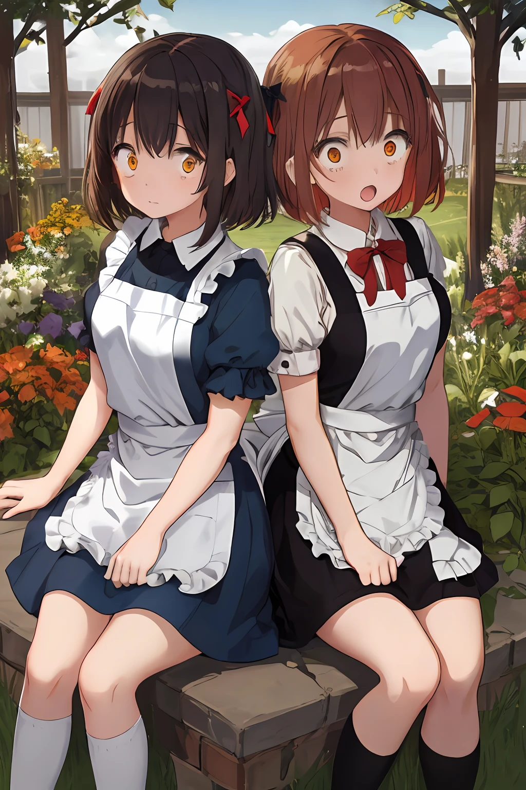 2girls, high quality, lying, crossed legs, multicolored hair, brown hair, red hair, orange eyes, surprised, short hair, hair bow, apron, detached sleeves, garden
