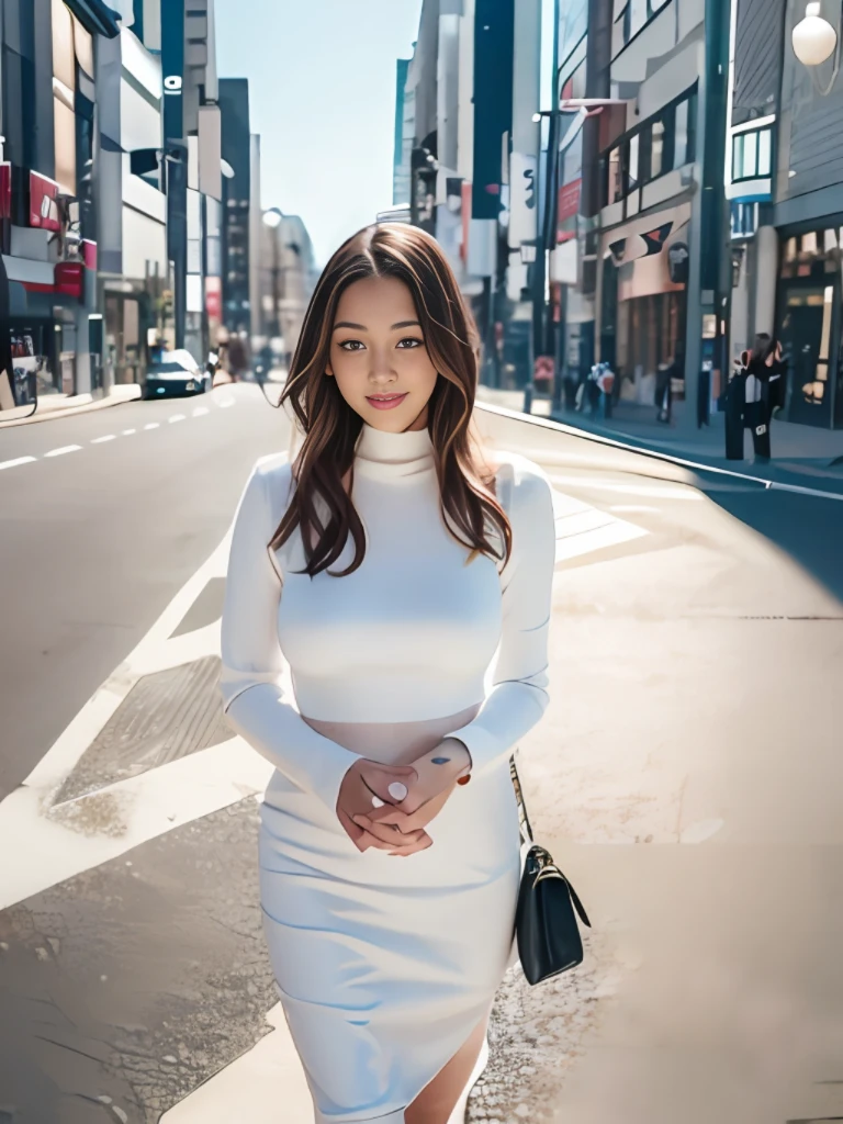 araffe woman in white dress walking down a city street, smooth white tight clothes suit, in white turtleneck shirt, Gorgeous young Japan woman, wearing a cute white dress, pale milky white porcelain skin, white polygonal dress, wearing white dress, a beautiful woman in white, in city street, minimal bodycon feminine costume, Beautiful young Japan woman