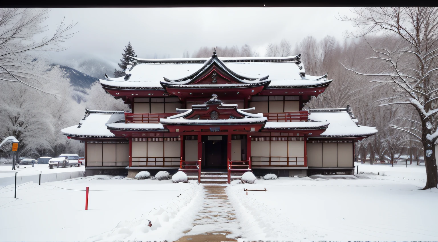 8k, alta qualidade, 20mb, muitos detalhes, casa japonesa, trees with snow, ruas com neve, clima nevoso --auto
