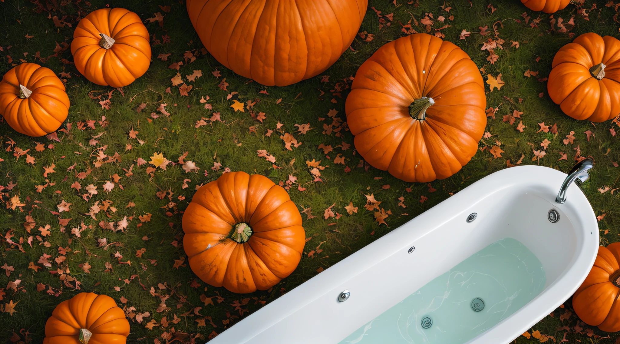 Surreal style,Bathroom scene,bathtub,ground,More ground,Overhead angle,pumpkin,overlook,Halloween atmosphere --auto