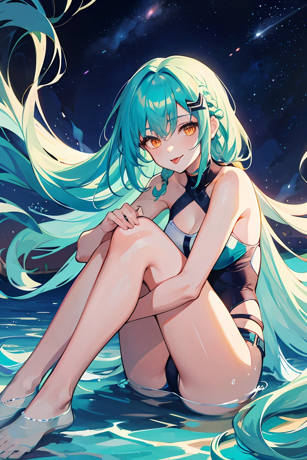 2girls, sitting, hugging own legs, (aqua hair)+, orange eyes, tongue out, braid, very long hair, swimsuit, lace trim, belt, hair ornament, starry sky