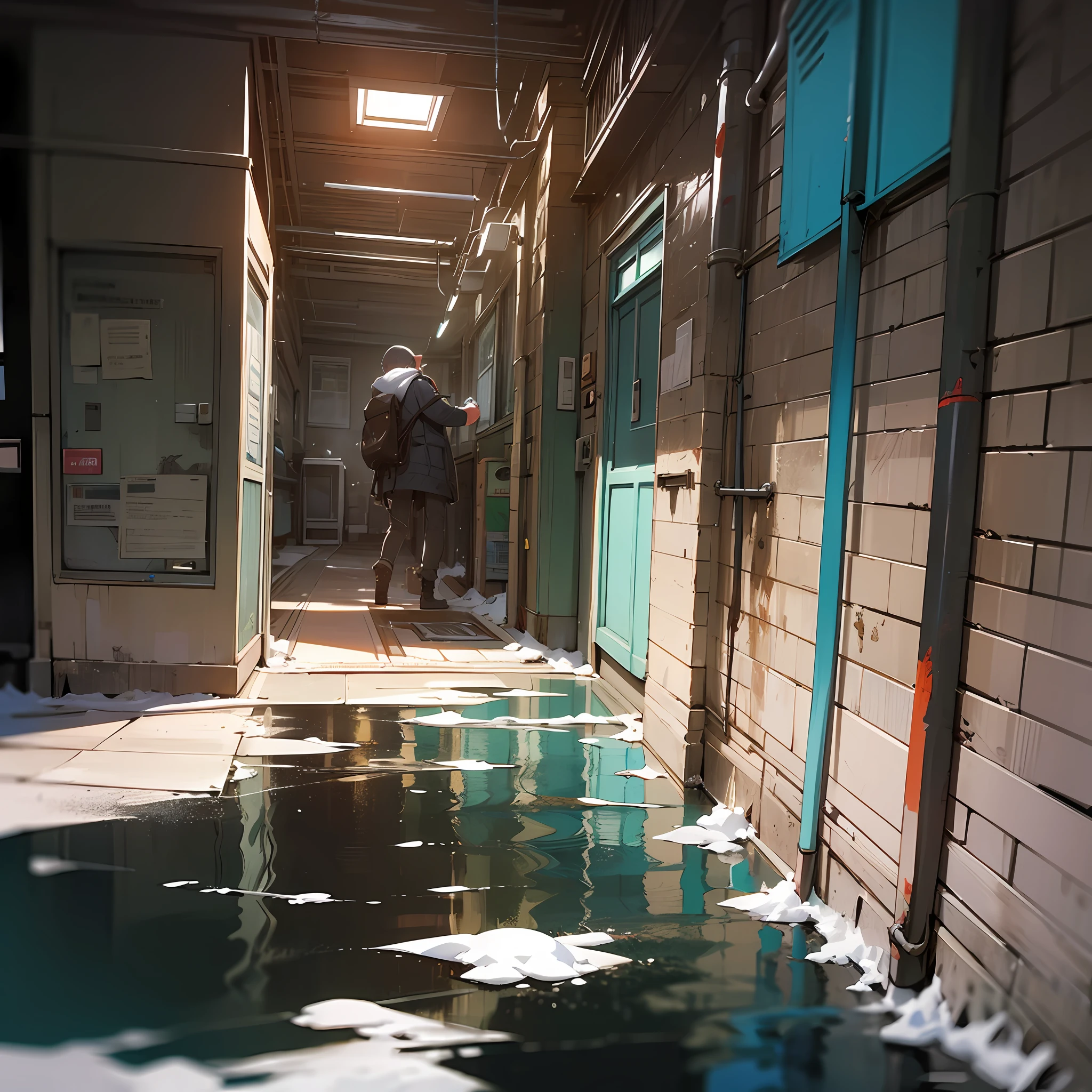 hyperrealistic and very detailed illustration of the entrance of a patio, point of view from the outside, image very loaded with objects, point of view from below, dirty cement stairs with cracks, green wastebasket, metal signs, seats, cables, pole, pastel blue telephone booth, rusty guardrails, pipes, pipes in the walls, electric meter, gray and dark walls, empty boxes, old papers on the floor, damaged wall paint, some garbage on the floor, metal and rusty scrap, machine parts (rusty, brown), very detailed advertisements on the neon wall, spotlight lights (very radiant blue light), artificial and sterile environment, very dark night, fog and somewhat dense smoke, very dark landscape shadows, red and green neon lights, night, some snow all over the landscape, humidity, puddles of water reflecting the dim ambient light --auto --s2