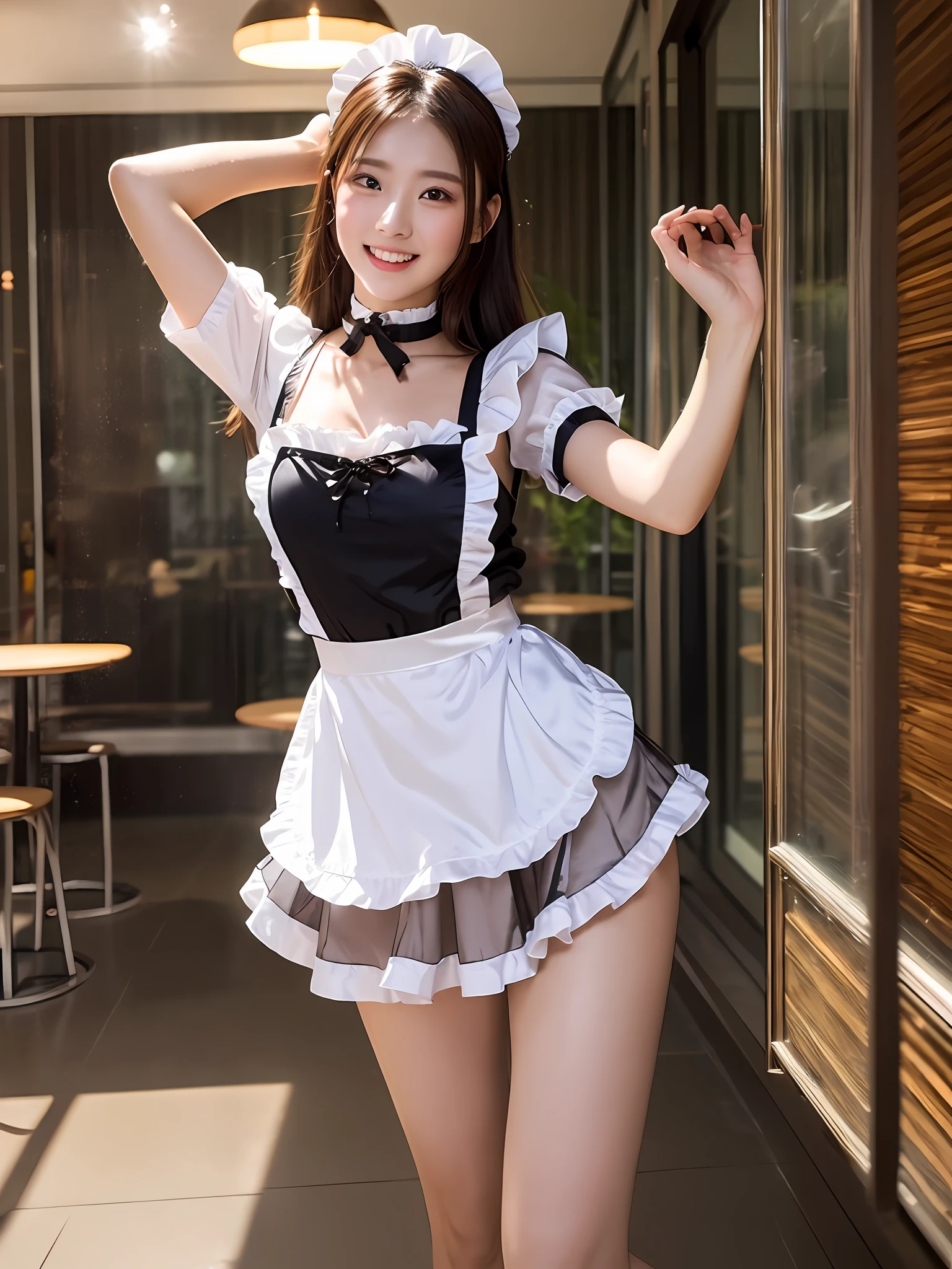 masterpiece, 1 girl per 1 photo, full body shots, directly front view, a Japanese young pretty woman, wearing a short sleeve satin black cute maid costume in the cafe with a big smile, wearing a white frilled headband, a white frilled apron, a black choker, glamorous figure, hyper cute face, Glossy Lips, sweaty body, double eyelids in both eyes, Natural makeup, long eyelashes, shoulder length shiny smooth light brown hair, asymmetrical bangs, tan skin, central image, 8K resolution, High detail, detailed hairstyle, Detailed Face, epic cinematic lighting, octane rendering, vibrant, an ultra realistic, perfect limbs, perfect antomy