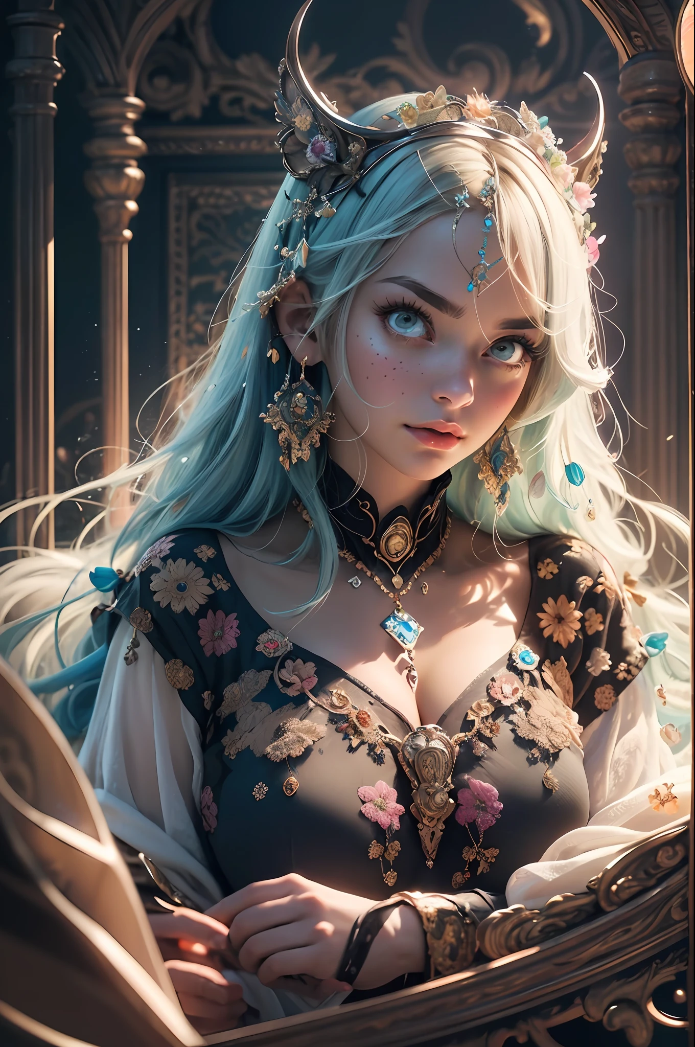 (((masterpiece))), (((best quality))), ((ultra-detailed)), (hyperrealistic), (highly detailed CG illustration), ((an extremely delicate and beautiful)),cinematic light, Create a stunning anime artwork that is currently trending on ArtStation, showcasing exquisite beauty and captivating aesthetics. The art piece should be highly detailed, featuring a compelling character and a visually appealing environment. The character in the artwork is a graceful and enchanting figure, radiating an aura of elegance. Pay close attention to intricate facial features, such as mesmerizing eyes with vibrant colors and delicate shading. The character's clothing should be designed with elaborate patterns, flowing fabrics, and rich textures, reflecting a blend of fantasy and contemporary fashion. Place the character in a captivating environment that enhances the overall appeal of the artwork. It could be a breathtaking natural landscape, a bustling futuristic cityscape, or a mystical realm filled with magical elements. Incorporate vibrant colors, dynamic lighting, and detailed background elements to create a sense of depth and immersion. Consider the latest trends in anime art, such as incorporating unique lighting effects, exploring creative composition techniques, or experimenting with unconventional color palettes. Take inspiration from the top artists on ArtStation and their exceptional execution of various art styles and themes. Camera: Choose an angle that highlights the character's beauty and the immersive environment. Lighting: Utilize atmospheric lighting techniques to create depth and mood. Resolution: Aim for a high-resolution artwork to showcase intricate details and clarity. Art Inspirations: Seek inspiration from the trending artists on ArtStation, exploring different styles, genres, and themes.