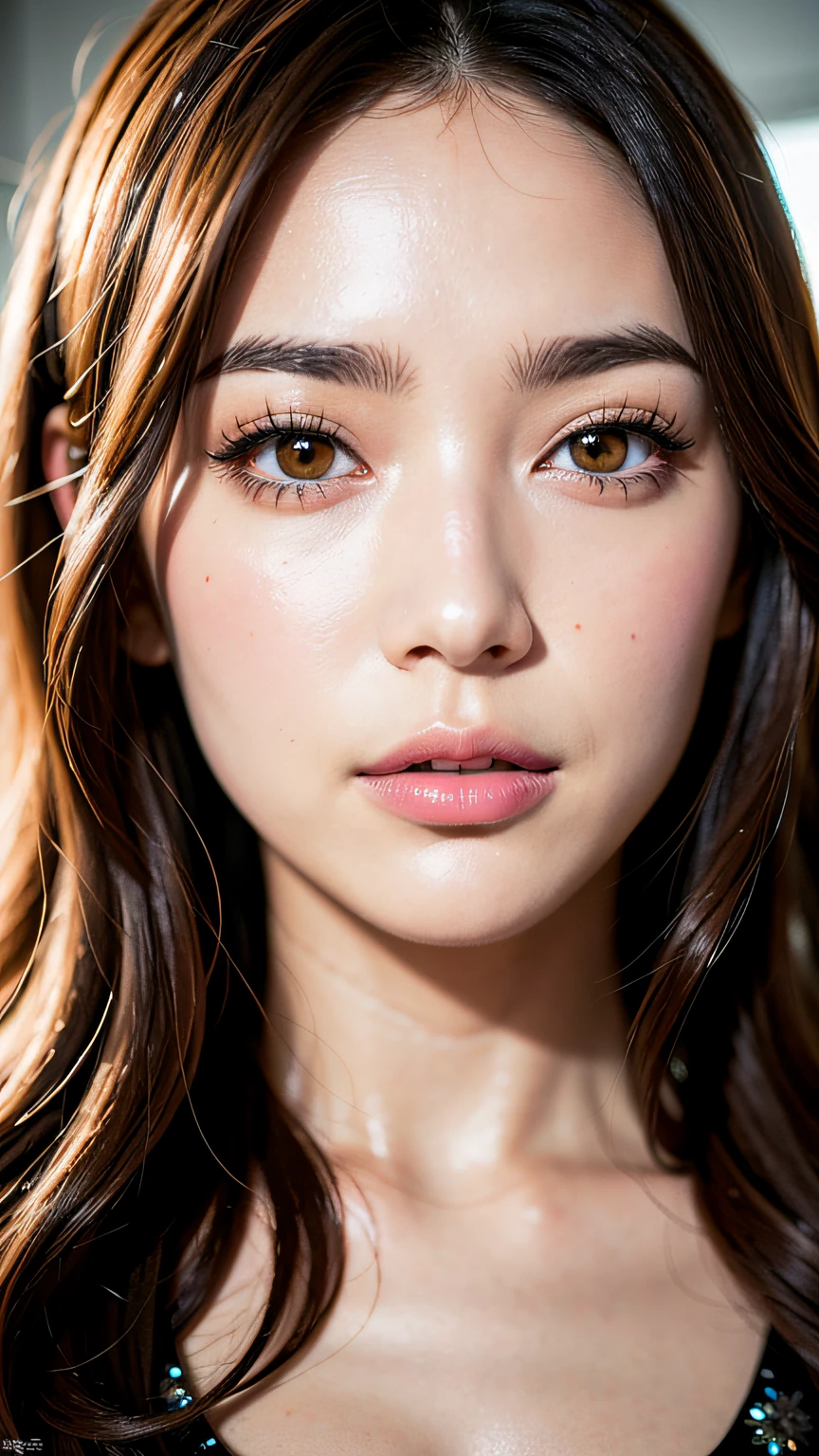 (topquality, Highresolution, 8K, Masterpiece: 1.2), (1 Beauty, Adult Face, Detailed Face), (Big Breasts, slim abs, brown  hair), Superb sophistication，Good facial features，Peerless beautiful girl，supple，(upper body portrait, Face in Focus), Bikini, SIMPLE BACKGROUND, Camera Looking At，Naturally moving，realistic，Ultra high Resolution