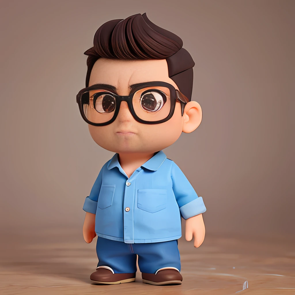 Cute small 45-years-old male programmer , huge head, shot Undercut hair , wearing Round thin frame glasses, highly detailed eyes,front-facing, looking left, fat, , casual wear ,serious mood, full body view, highly detailed hands ,Toy figures,best quality, 3d cartoon,full body view, fantasy, dreamlike, surrealism, super cute, trending on artstation